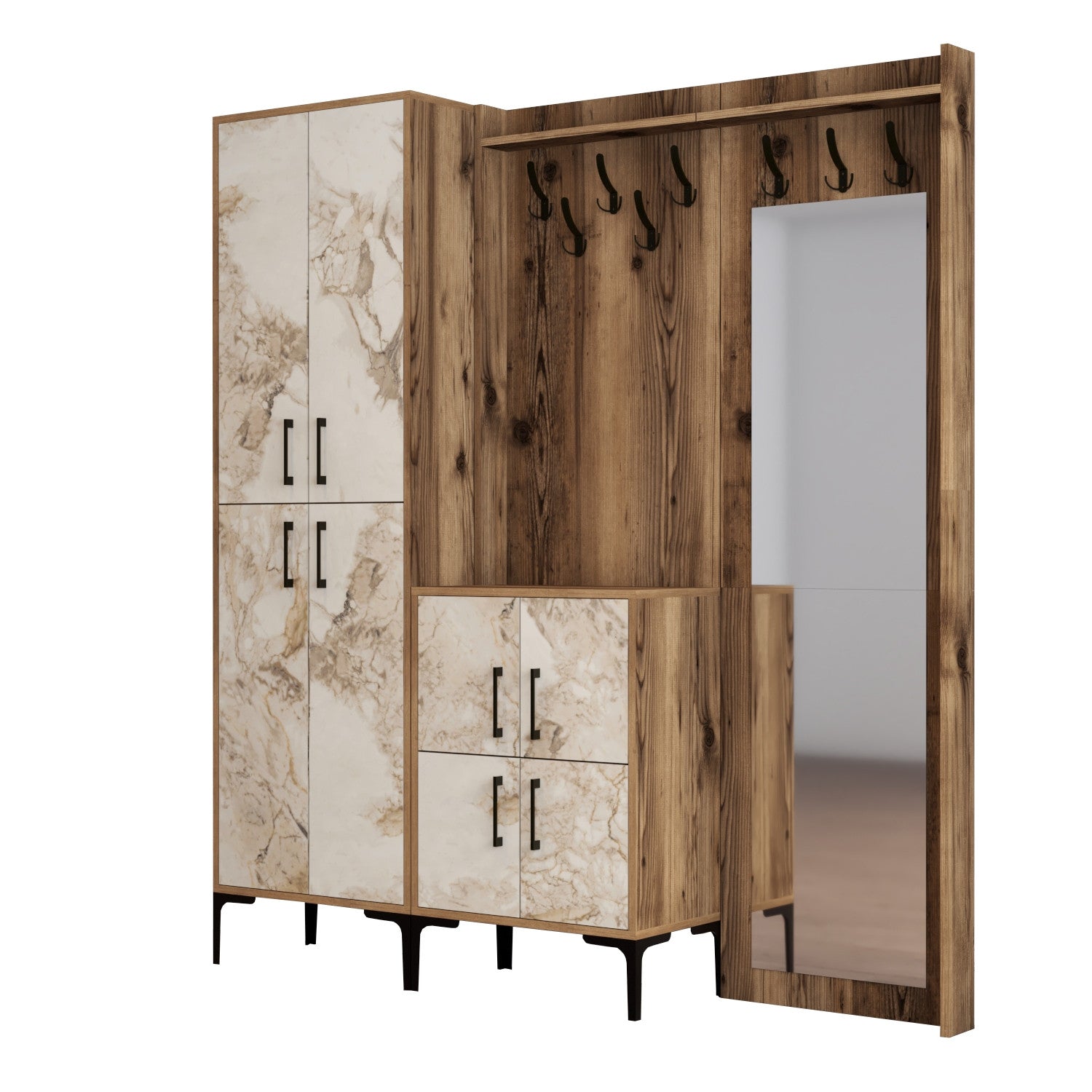 Suporte para salão industrial com pernas e cabide de metal, nogueira e branco, 180 x 200 x 35 cm | 100% revestido em melamina, 18 mm de espessura | Solução de armazenamento elegante e funcional