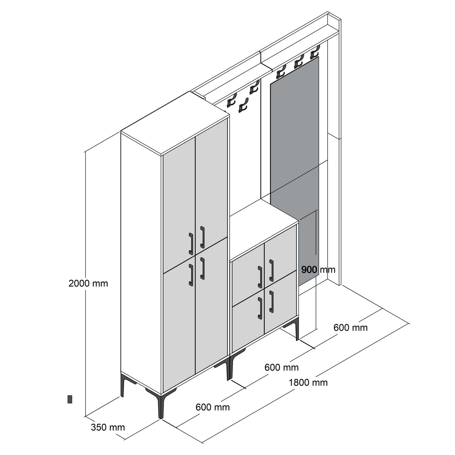 Suporte para salão industrial com pernas e cabide de metal, nogueira e branco, 180 x 200 x 35 cm | 100% revestido em melamina, 18 mm de espessura | Solução de armazenamento elegante e funcional