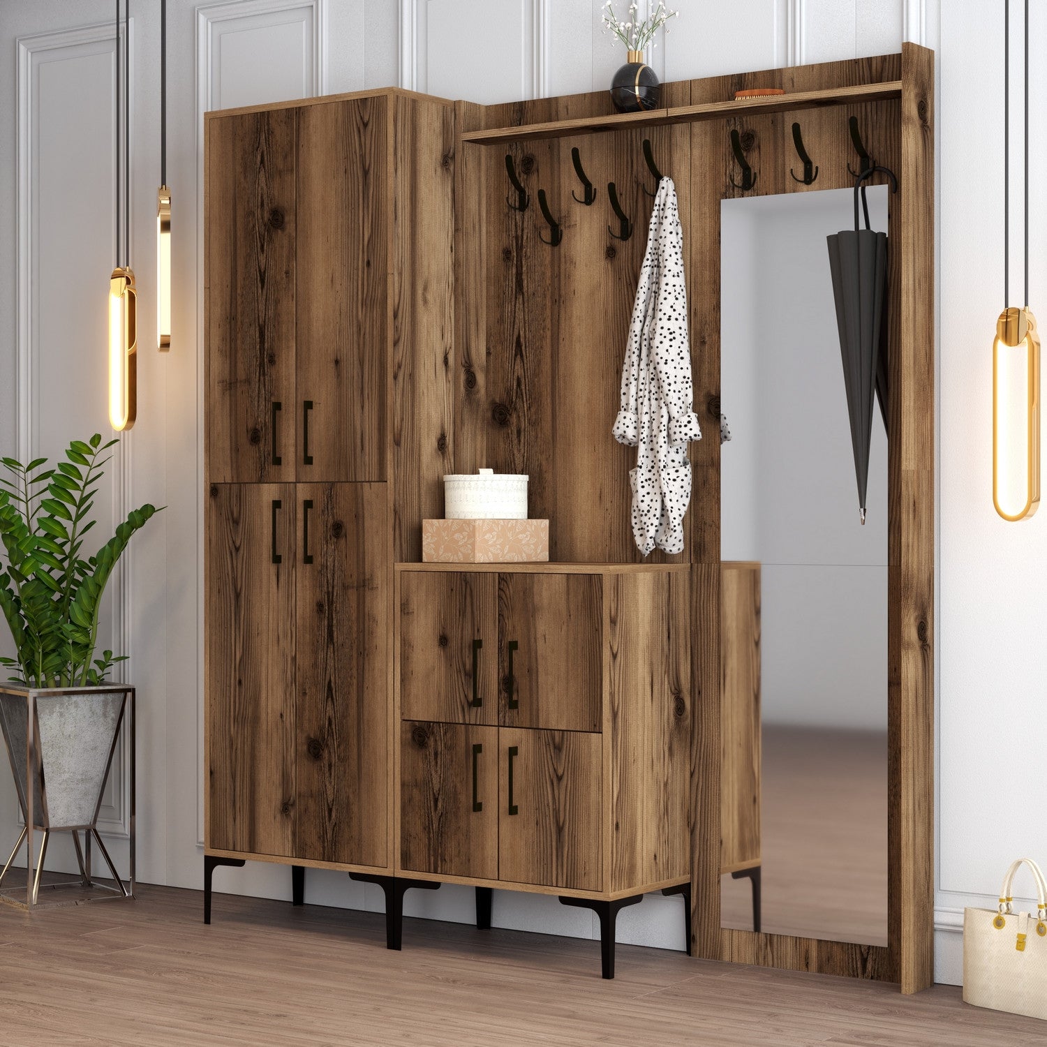 Suporte para salão industrial com pernas de metal e cabide, acabamento em nogueira, 180 x 200 x 35 cm | 100% revestido em melamina, 18 mm de espessura | Montado na parede com prateleiras