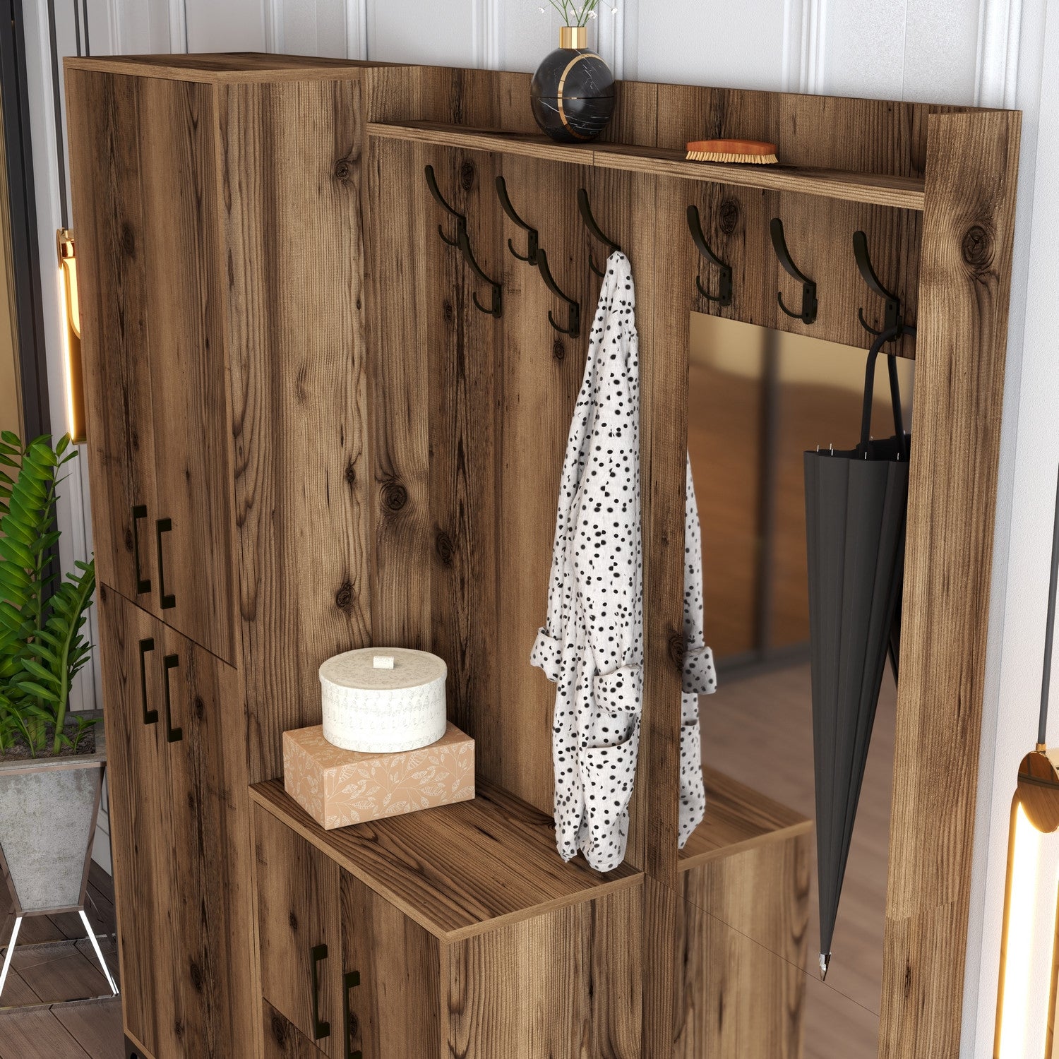 Suporte para salão industrial com pernas de metal e cabide, acabamento em nogueira, 180 x 200 x 35 cm | 100% revestido em melamina, 18 mm de espessura | Montado na parede com prateleiras