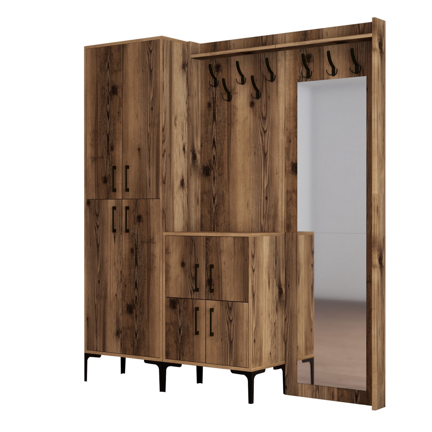 Suporte para salão industrial com pernas de metal e cabide, acabamento em nogueira, 180 x 200 x 35 cm | 100% revestido em melamina, 18 mm de espessura | Montado na parede com prateleiras