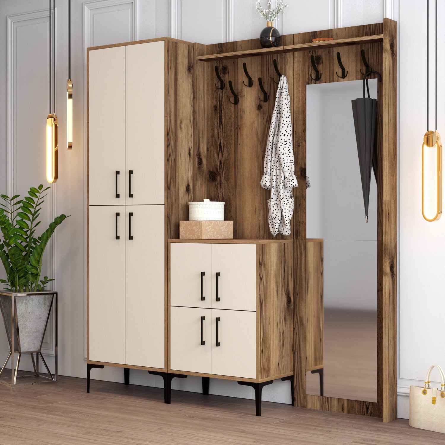 Suporte para salão industrial com pernas de metal e cabide, nogueira e creme, 180 x 200 x 35 cm | 100% revestido em melamina, 18 mm de espessura | Montado na parede, elegante e funcional