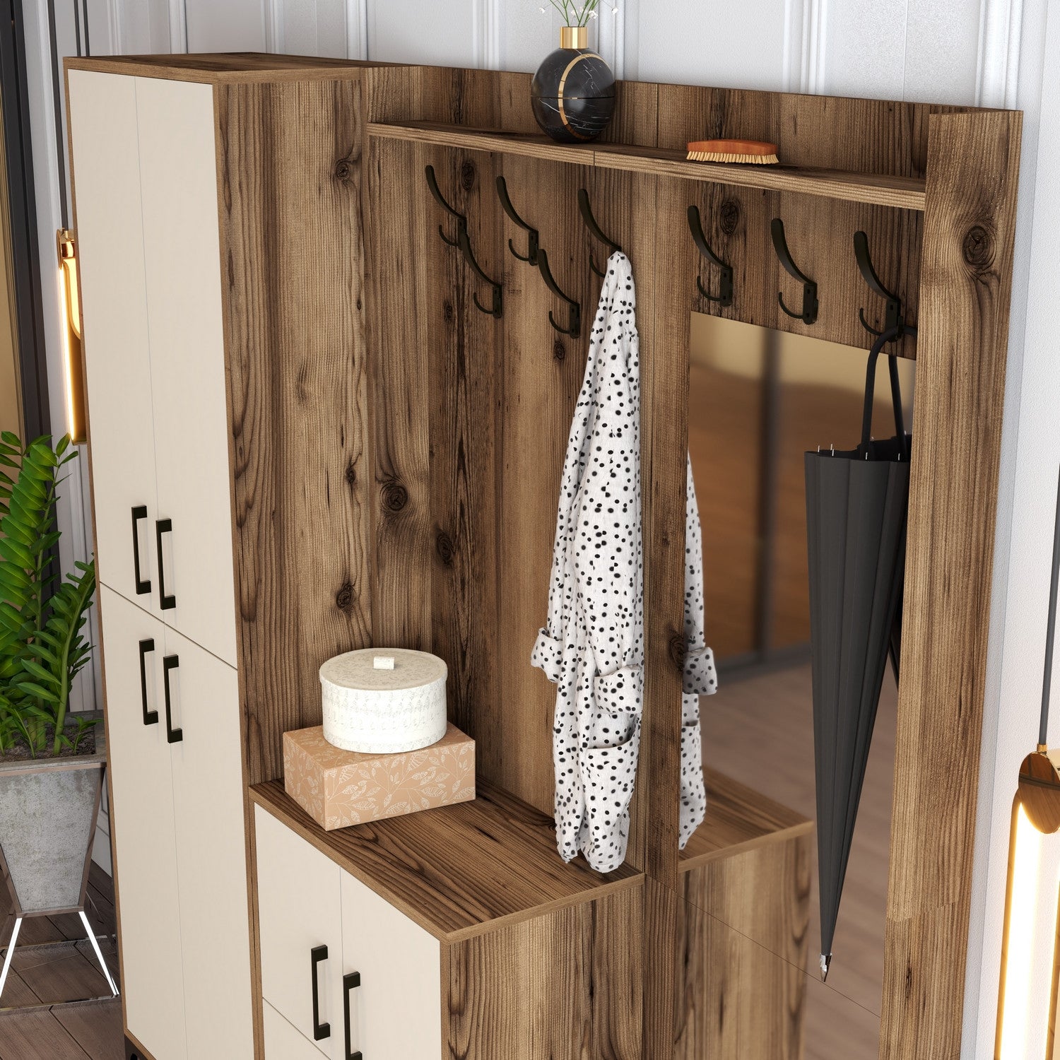 Suporte para salão industrial com pernas de metal e cabide, nogueira e creme, 180 x 200 x 35 cm | 100% revestido em melamina, 18 mm de espessura | Montado na parede, elegante e funcional