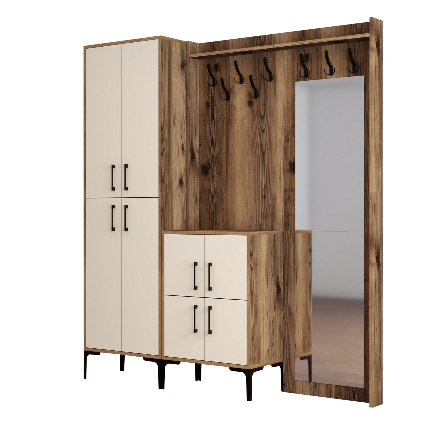 Suporte para salão industrial com pernas de metal e cabide, nogueira e creme, 180 x 200 x 35 cm | 100% revestido em melamina, 18 mm de espessura | Montado na parede, elegante e funcional