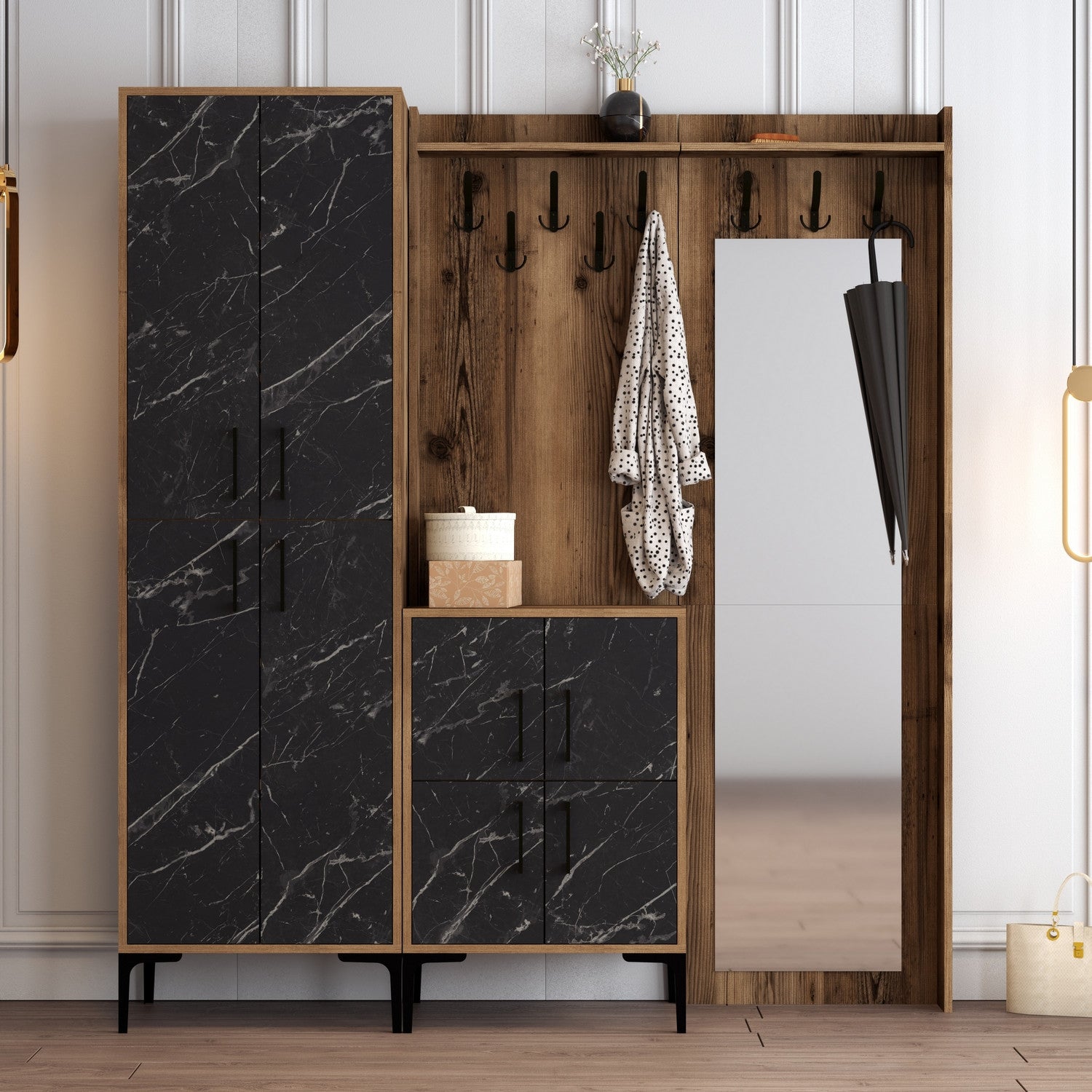 Suporte Industrial para Hall com Pernas e Cabide de Metal, Nogueira e Preto, 180 x 200 x 35 cm | 100% Revestimento em Melamina, 18 mm de Espessura | Solução de Armazenamento Elegante para Entrada