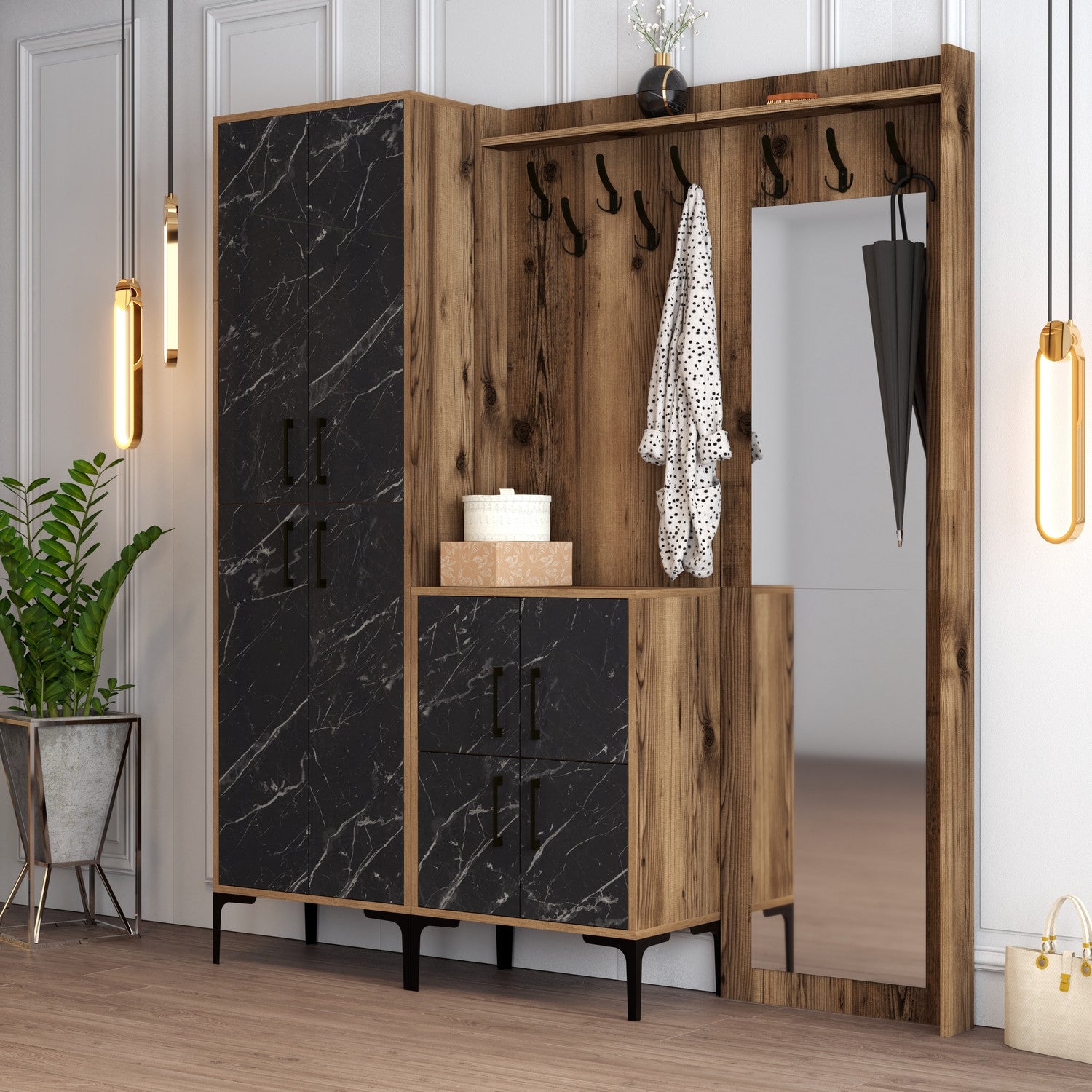 Suporte Industrial para Hall com Pernas e Cabide de Metal, Nogueira e Preto, 180 x 200 x 35 cm | 100% Revestimento em Melamina, 18 mm de Espessura | Solução de Armazenamento Elegante para Entrada