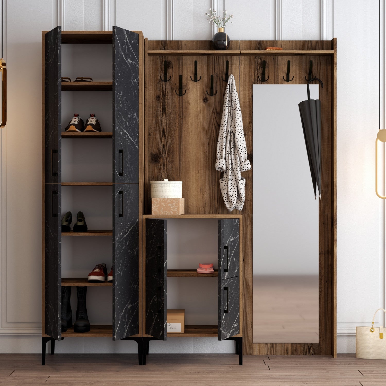 Suporte Industrial para Hall com Pernas e Cabide de Metal, Nogueira e Preto, 180 x 200 x 35 cm | 100% Revestimento em Melamina, 18 mm de Espessura | Solução de Armazenamento Elegante para Entrada