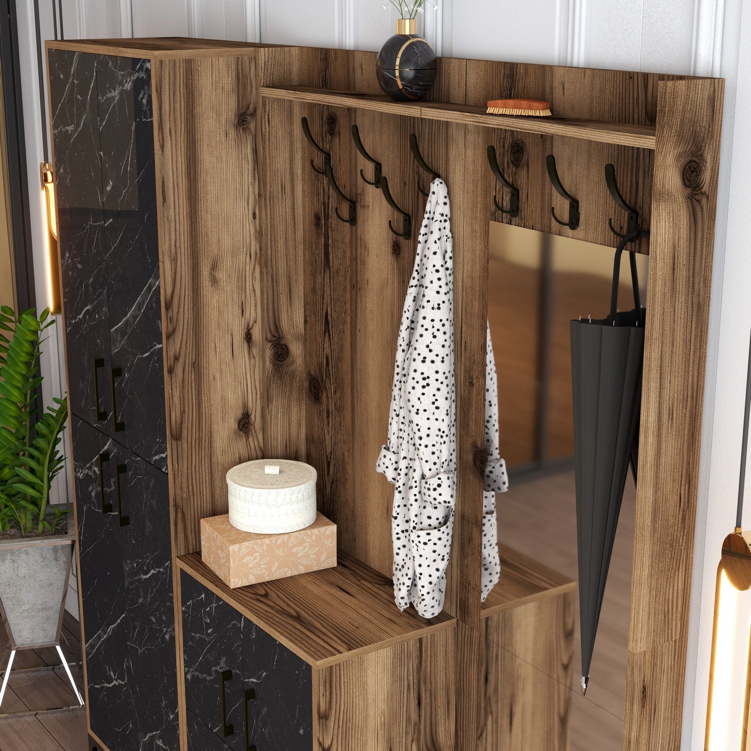 Suporte Industrial para Hall com Pernas e Cabide de Metal, Nogueira e Preto, 180 x 200 x 35 cm | 100% Revestimento em Melamina, 18 mm de Espessura | Solução de Armazenamento Elegante para Entrada
