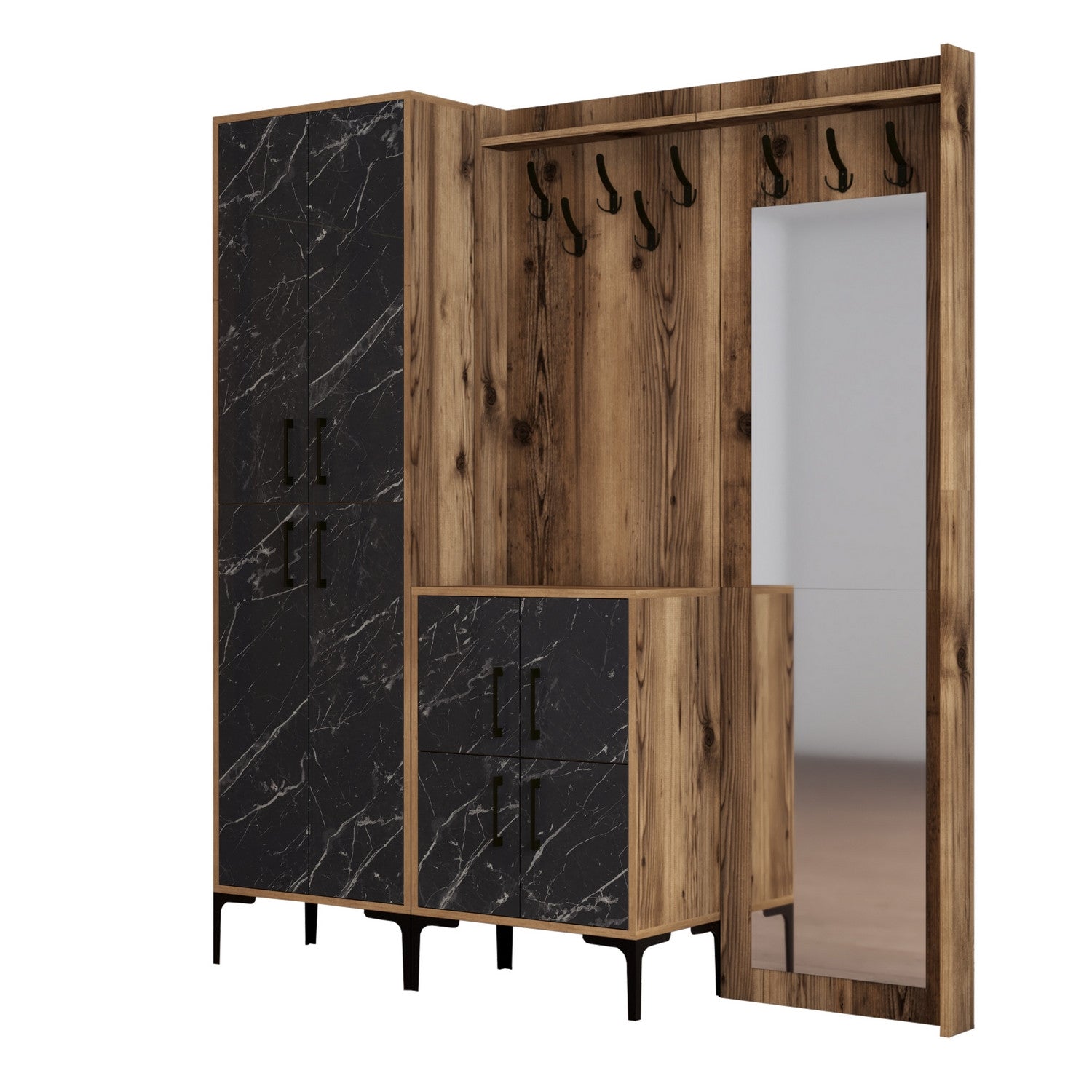 Suporte Industrial para Hall com Pernas e Cabide de Metal, Nogueira e Preto, 180 x 200 x 35 cm | 100% Revestimento em Melamina, 18 mm de Espessura | Solução de Armazenamento Elegante para Entrada