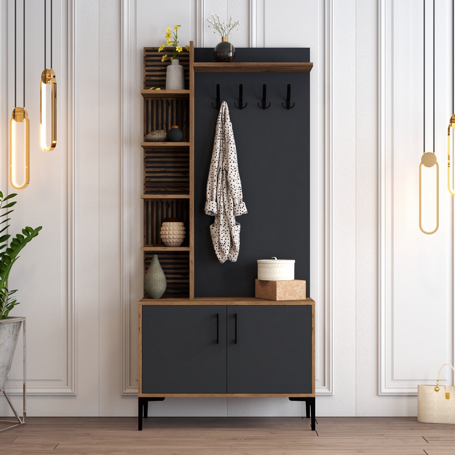 Suporte industrial para salão com pernas e alças de metal, nogueira/antracite, 90 x 200 x 35 cm | 100% revestido em melamina, para montagem na parede, design elegante e funcional