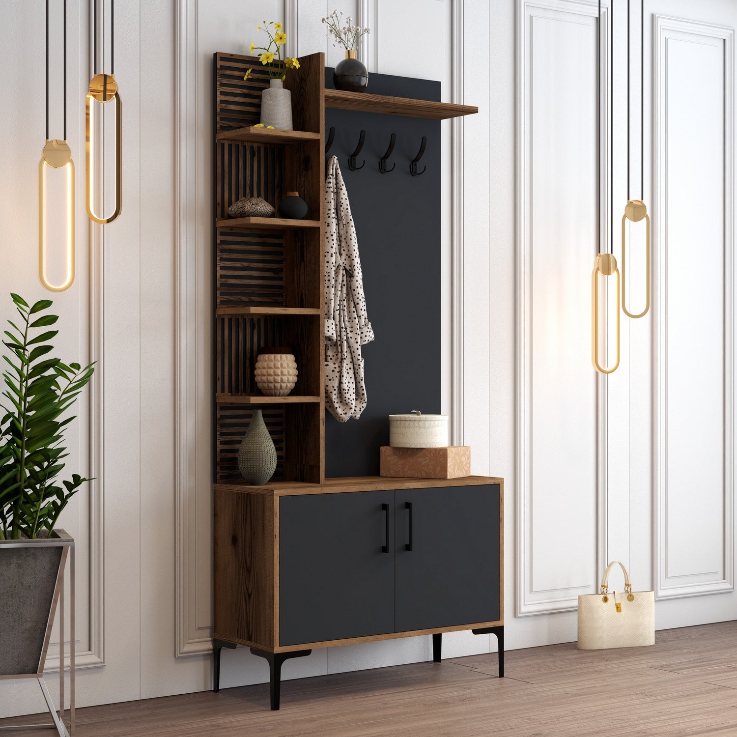 Suporte industrial para salão com pernas e alças de metal, nogueira/antracite, 90 x 200 x 35 cm | 100% revestido em melamina, para montagem na parede, design elegante e funcional