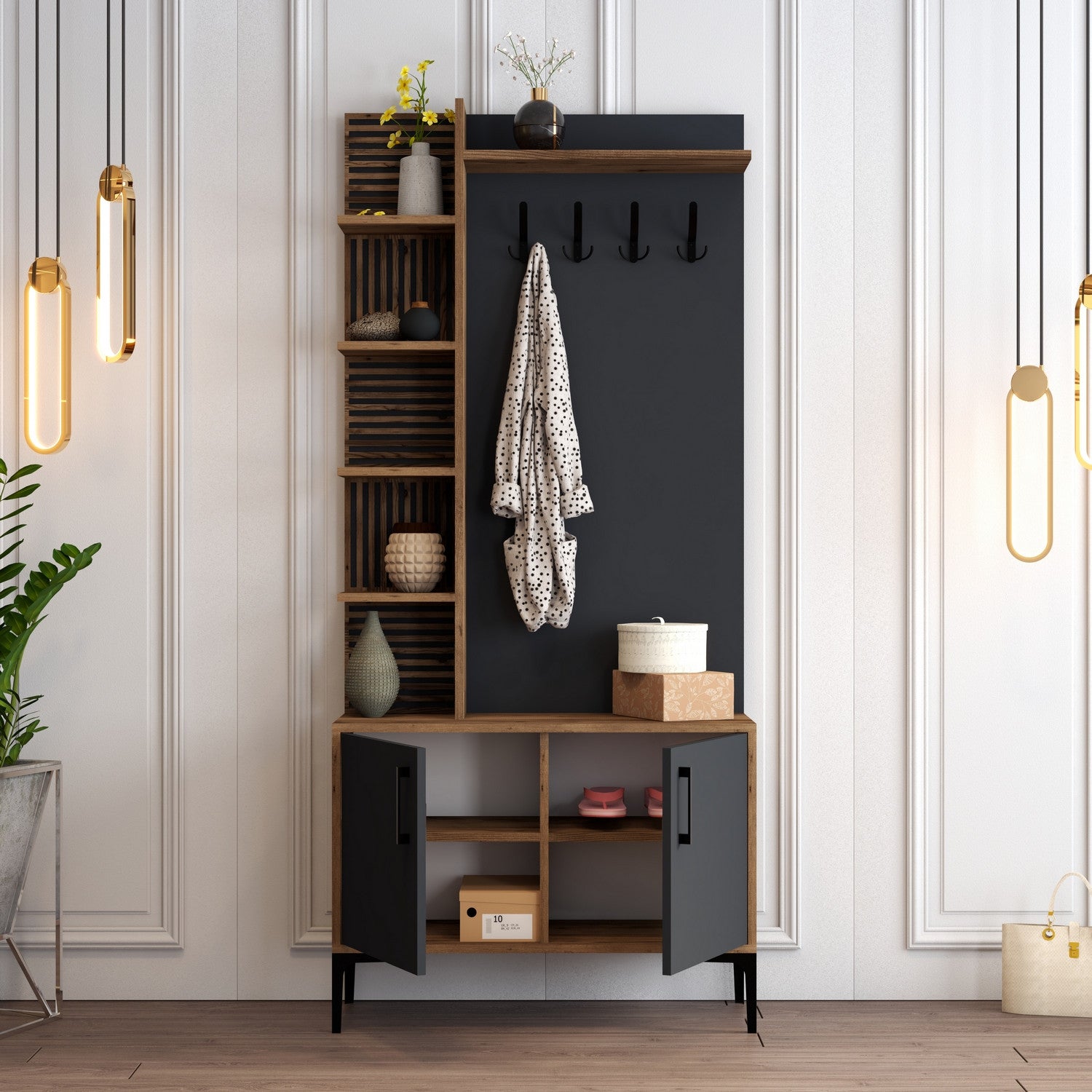 Suporte industrial para salão com pernas e alças de metal, nogueira/antracite, 90 x 200 x 35 cm | 100% revestido em melamina, para montagem na parede, design elegante e funcional