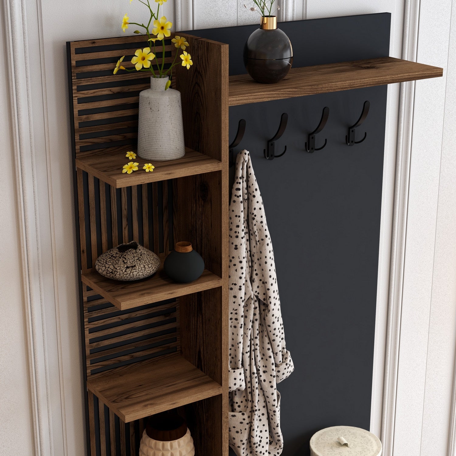 Suporte industrial para salão com pernas e alças de metal, nogueira/antracite, 90 x 200 x 35 cm | 100% revestido em melamina, para montagem na parede, design elegante e funcional