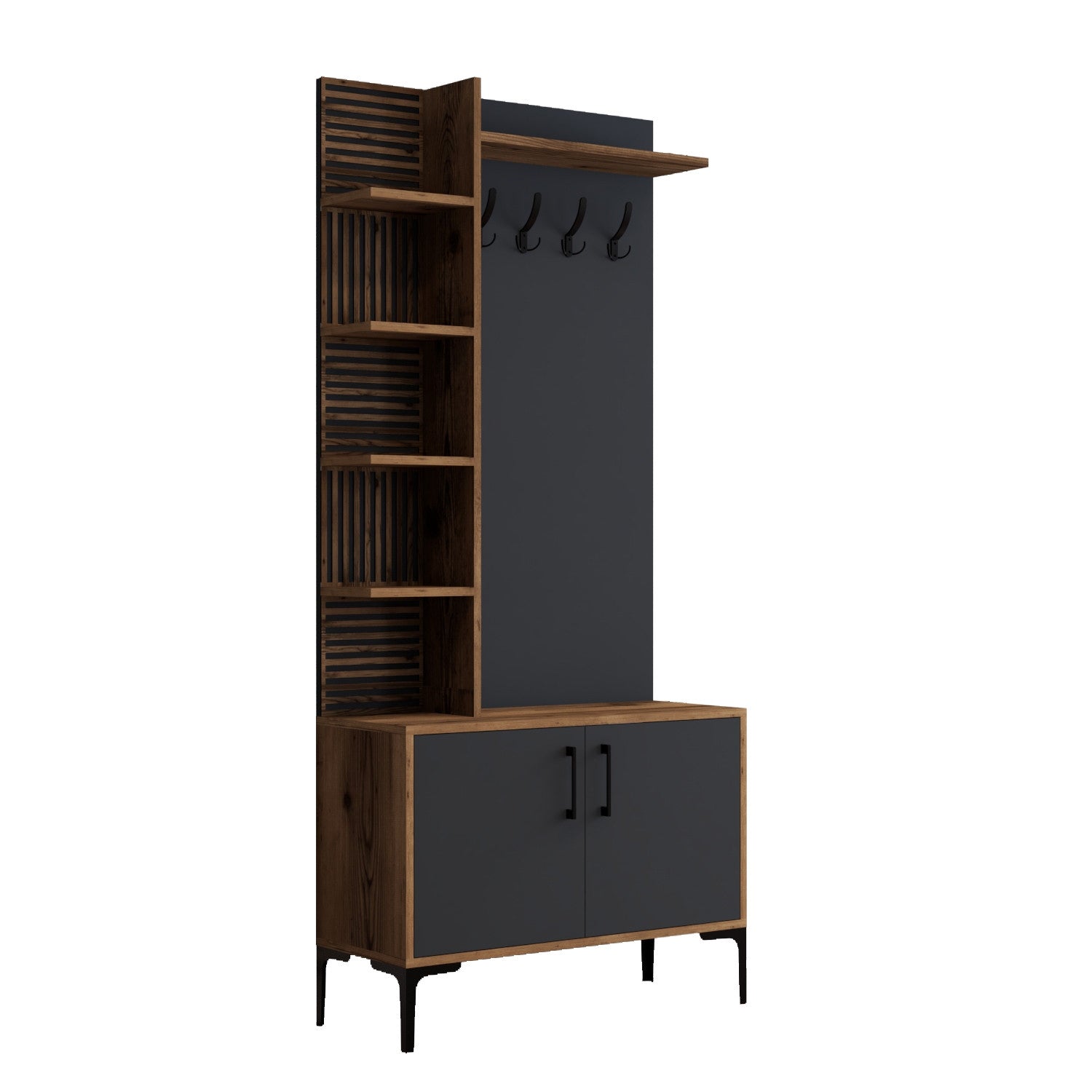 Suporte industrial para salão com pernas e alças de metal, nogueira/antracite, 90 x 200 x 35 cm | 100% revestido em melamina, para montagem na parede, design elegante e funcional