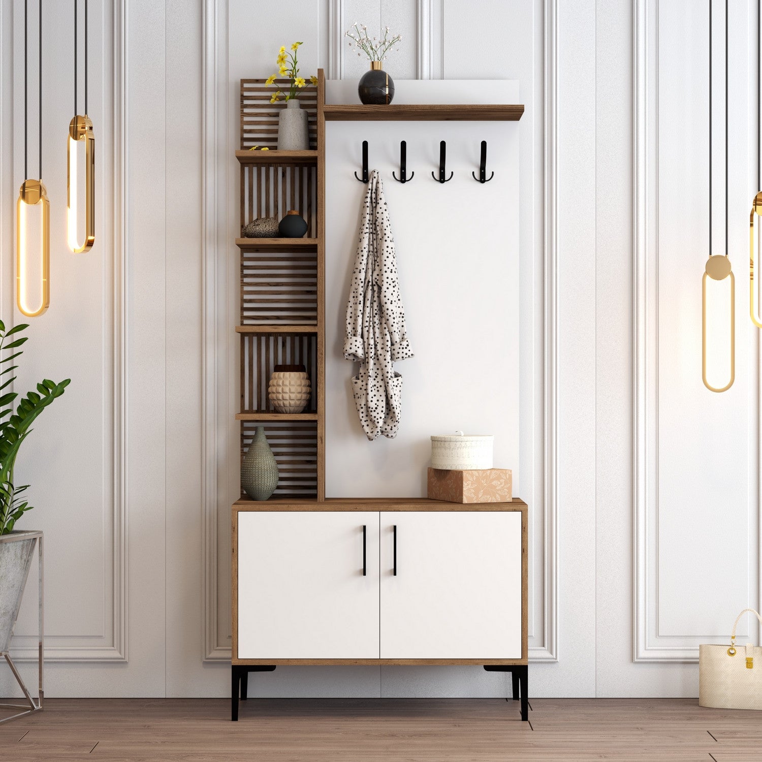 Suporte industrial para salão com pernas e alças de metal, nogueira e branco, 90 x 200 x 35 cm | 100% revestido em melamina, 18 mm de espessura, montável na parede, solução de armazenamento elegante