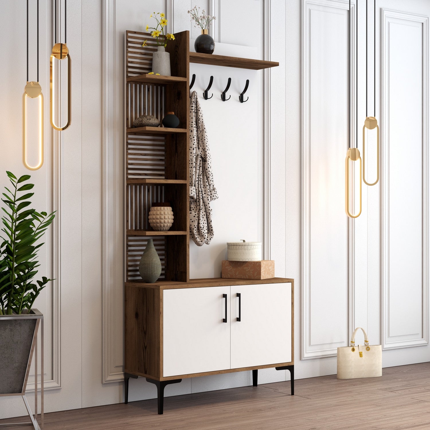 Suporte industrial para salão com pernas e alças de metal, nogueira e branco, 90 x 200 x 35 cm | 100% revestido em melamina, 18 mm de espessura, montável na parede, solução de armazenamento elegante