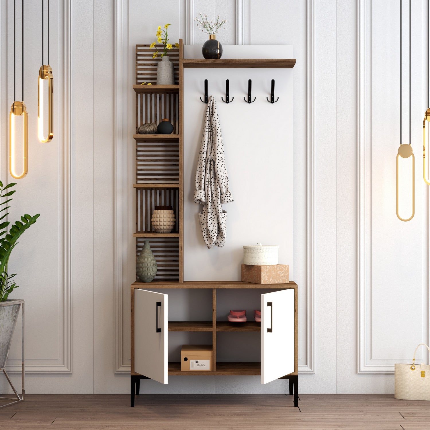 Suporte industrial para salão com pernas e alças de metal, nogueira e branco, 90 x 200 x 35 cm | 100% revestido em melamina, 18 mm de espessura, montável na parede, solução de armazenamento elegante