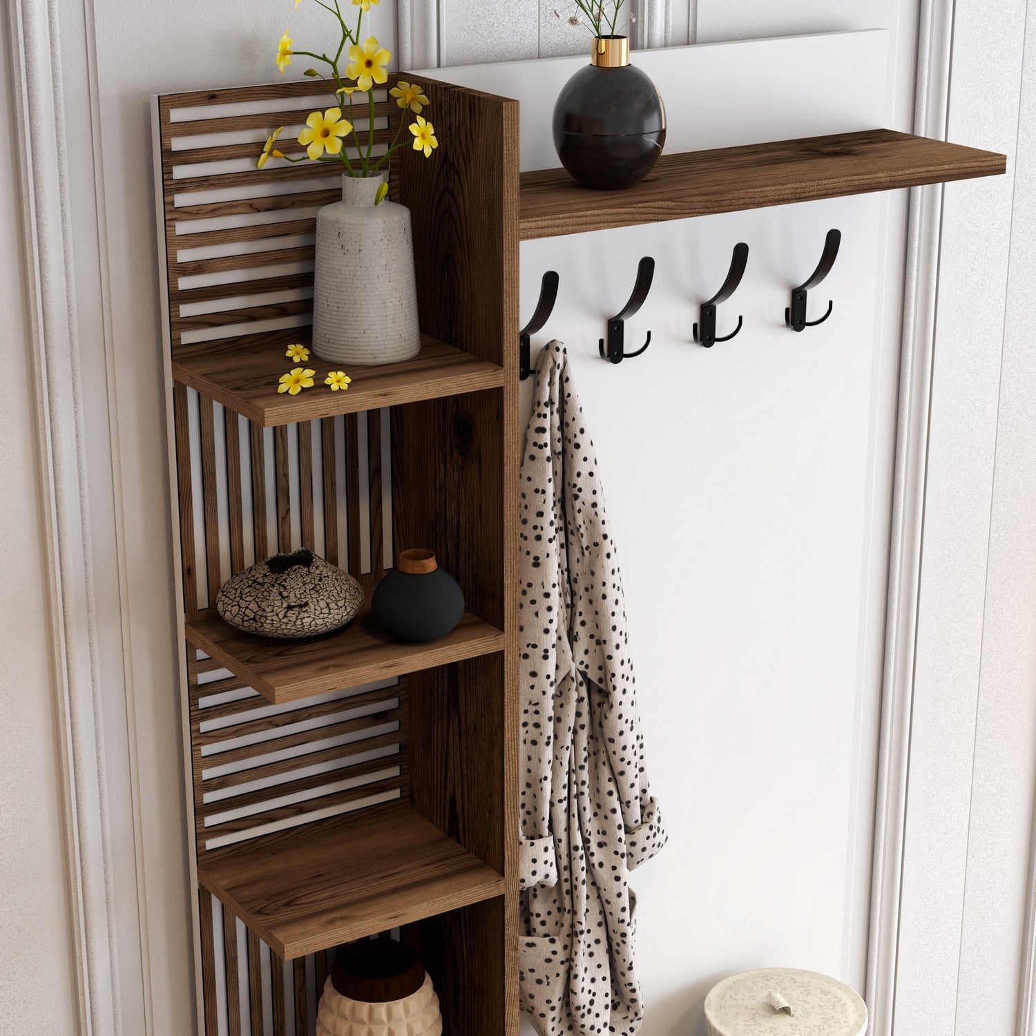 Suporte industrial para salão com pernas e alças de metal, nogueira e branco, 90 x 200 x 35 cm | 100% revestido em melamina, 18 mm de espessura, montável na parede, solução de armazenamento elegante