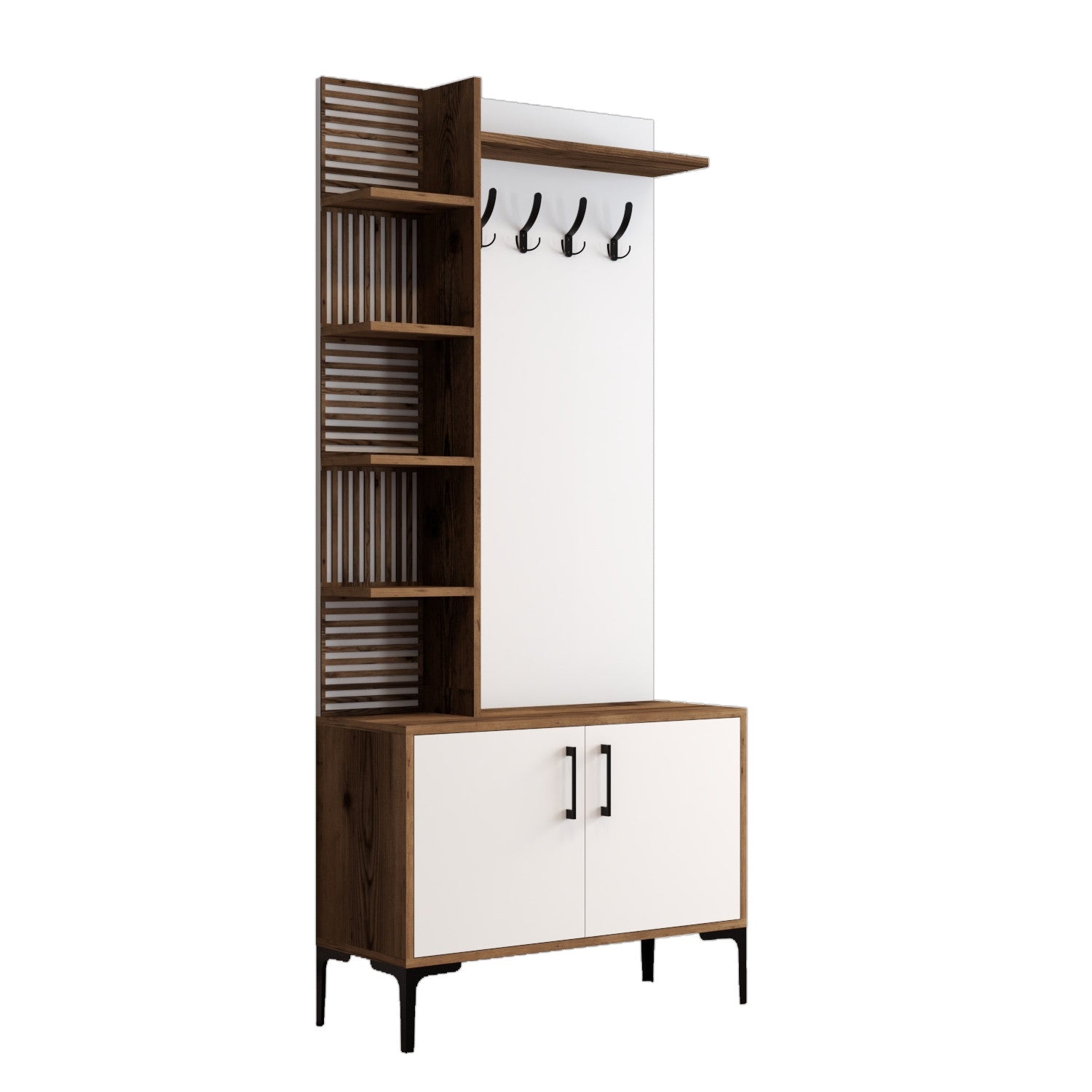 Suporte industrial para salão com pernas e alças de metal, nogueira e branco, 90 x 200 x 35 cm | 100% revestido em melamina, 18 mm de espessura, montável na parede, solução de armazenamento elegante