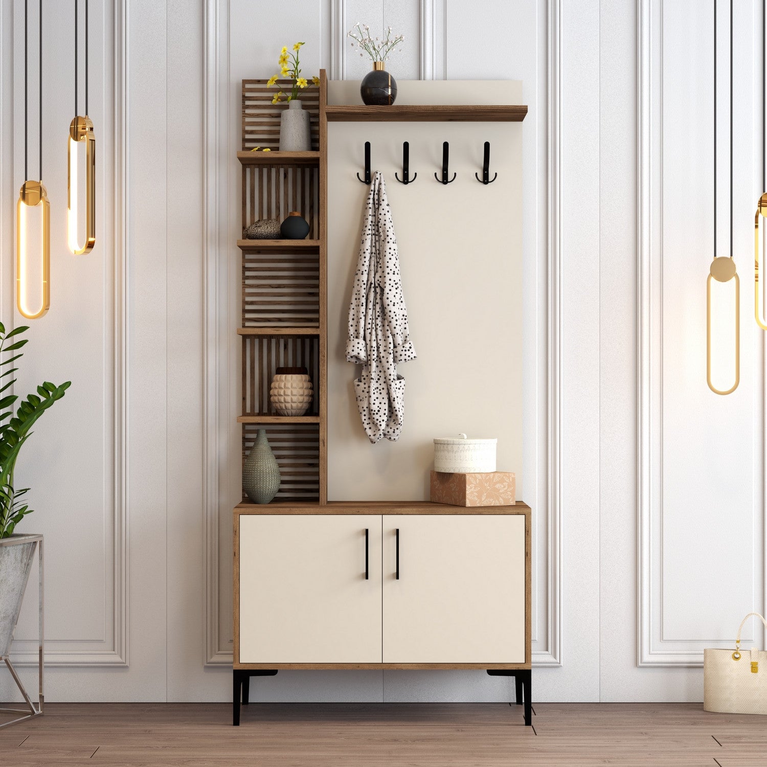 Suporte industrial para salão com pernas e alças de metal, nogueira e creme, 90 x 200 x 35 cm | 100% revestido em melamina, para montagem na parede, solução de armazenamento elegante