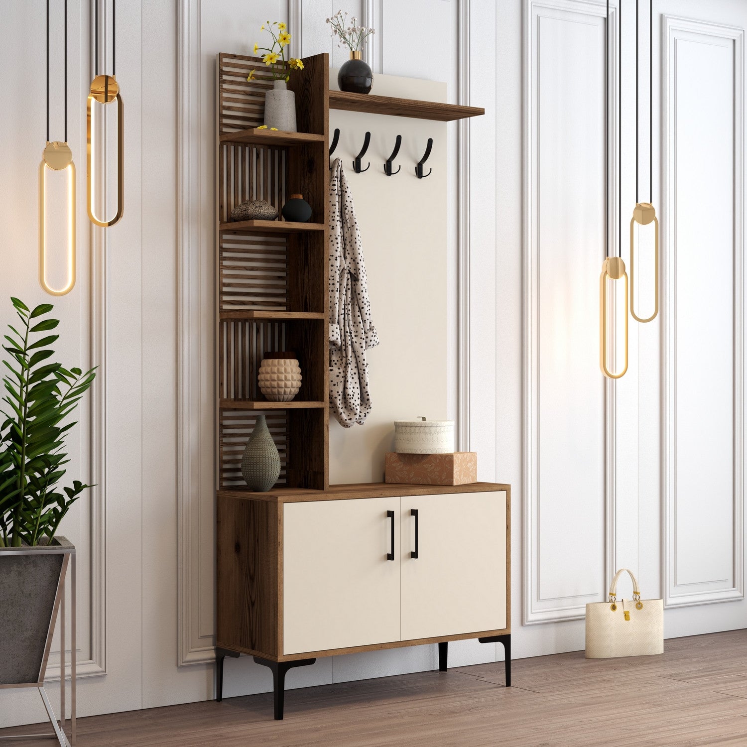 Suporte industrial para salão com pernas e alças de metal, nogueira e creme, 90 x 200 x 35 cm | 100% revestido em melamina, para montagem na parede, solução de armazenamento elegante