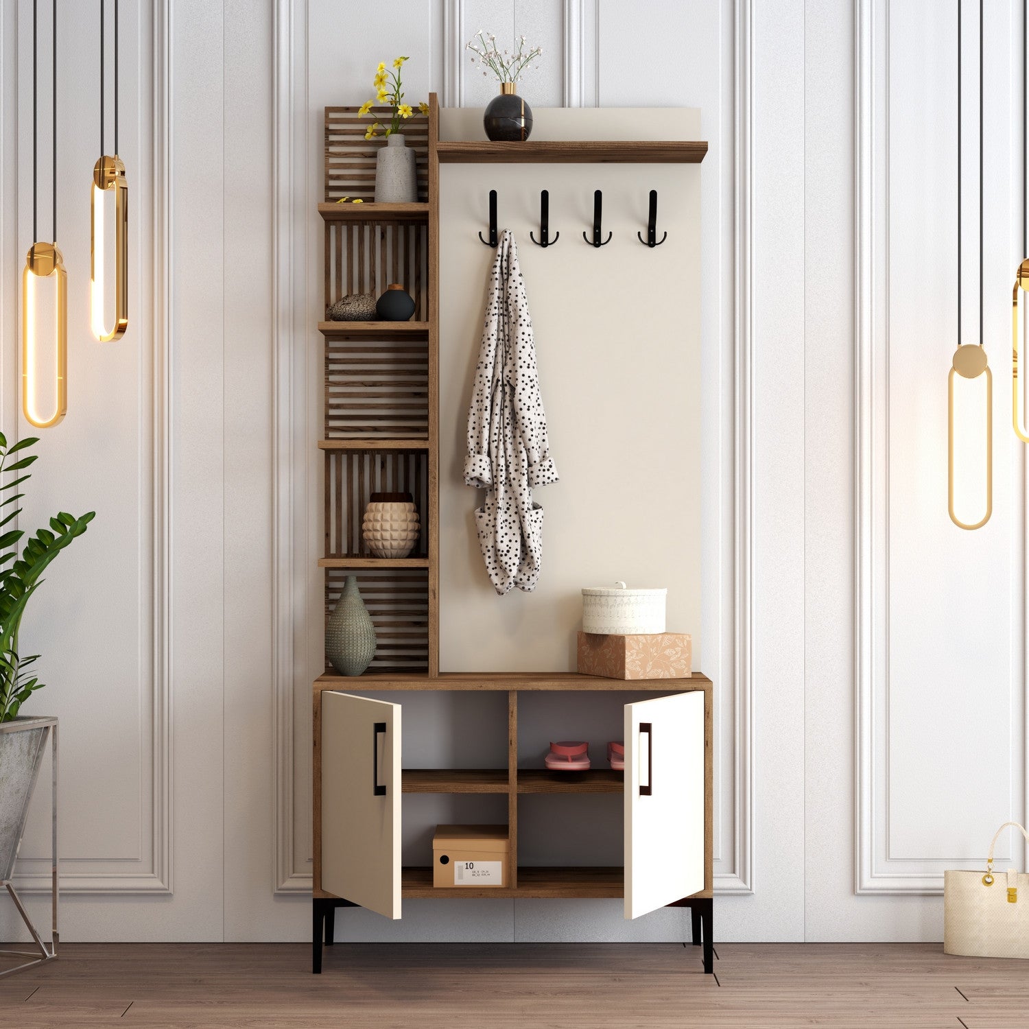 Suporte industrial para salão com pernas e alças de metal, nogueira e creme, 90 x 200 x 35 cm | 100% revestido em melamina, para montagem na parede, solução de armazenamento elegante
