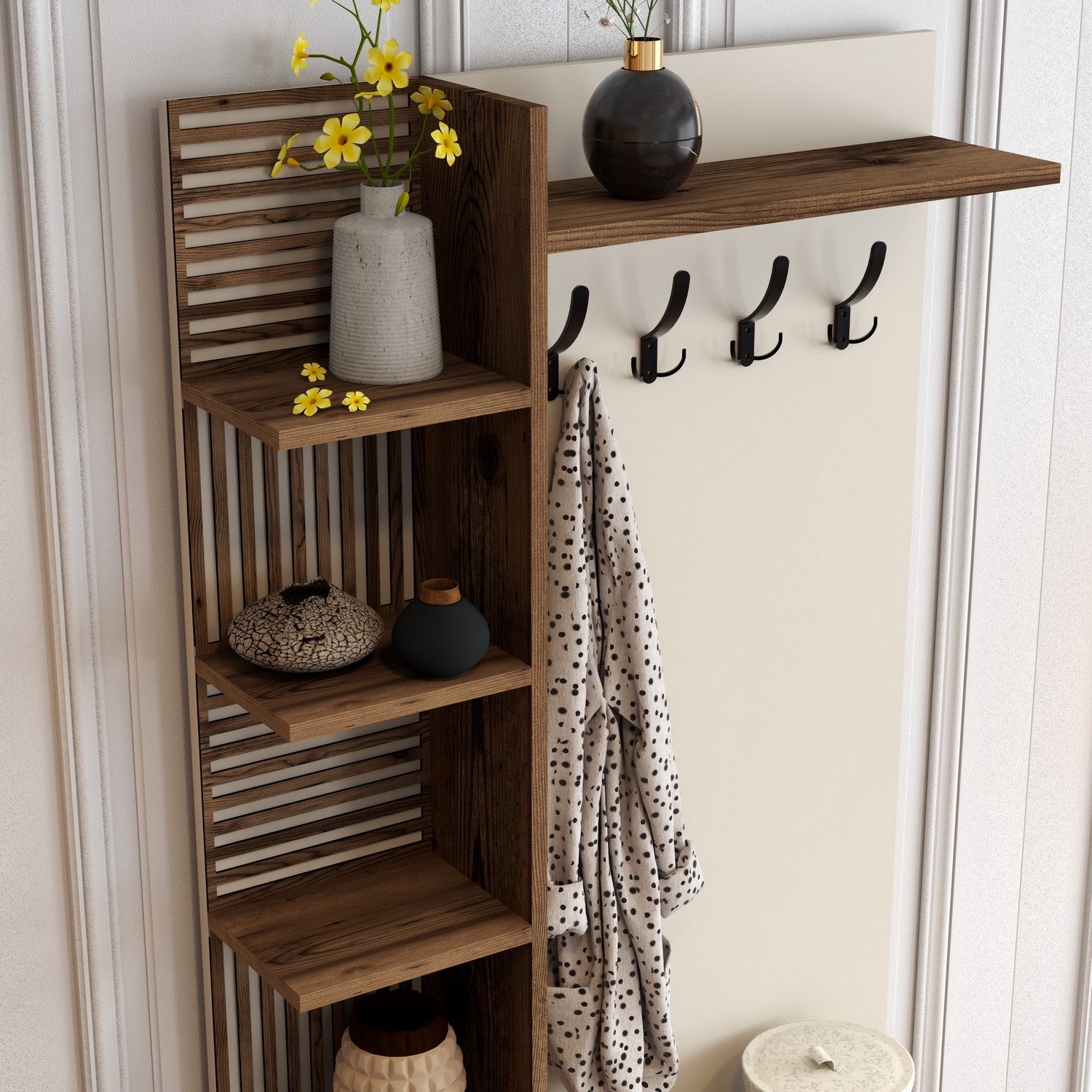 Suporte industrial para salão com pernas e alças de metal, nogueira e creme, 90 x 200 x 35 cm | 100% revestido em melamina, para montagem na parede, solução de armazenamento elegante