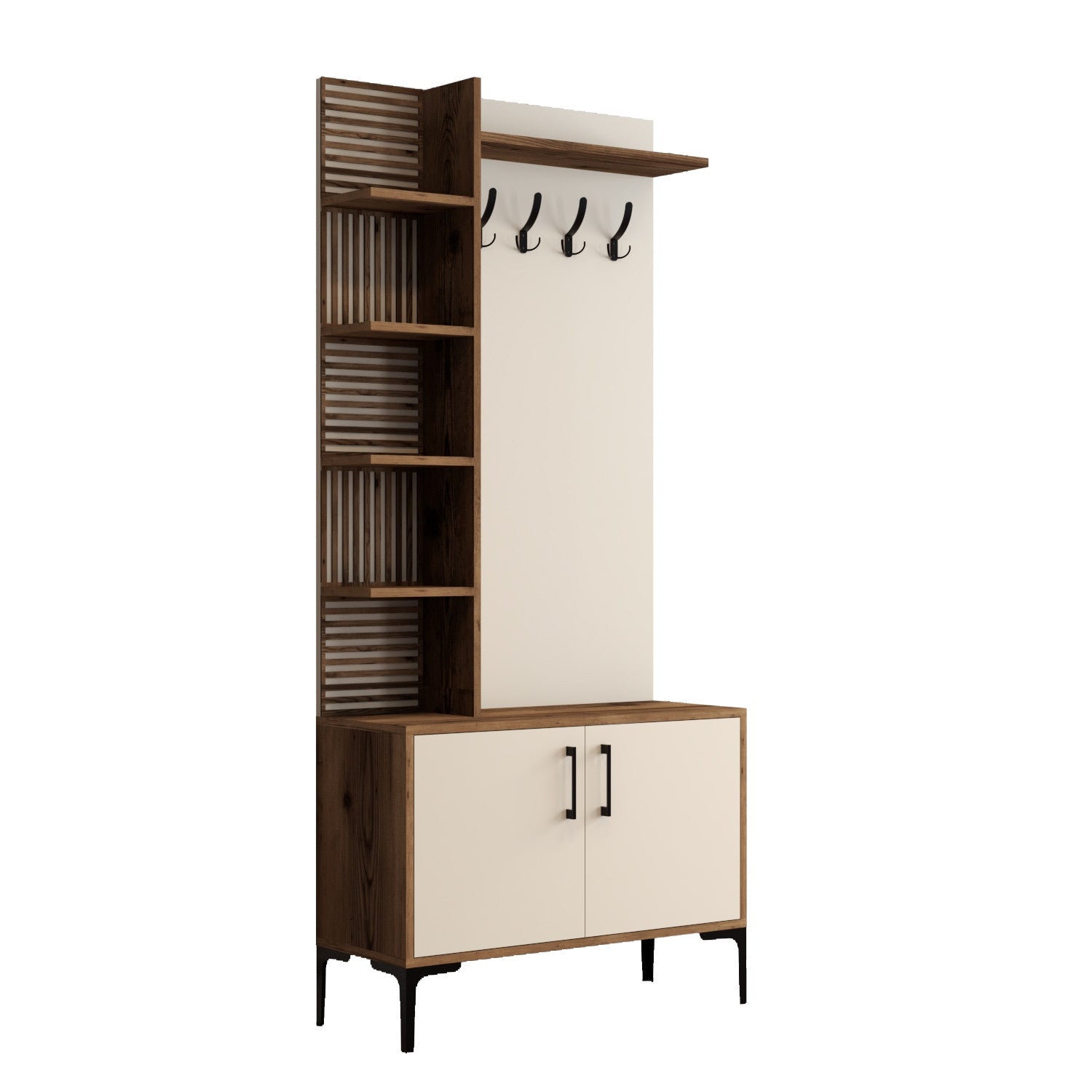 Suporte industrial para salão com pernas e alças de metal, nogueira e creme, 90 x 200 x 35 cm | 100% revestido em melamina, para montagem na parede, solução de armazenamento elegante