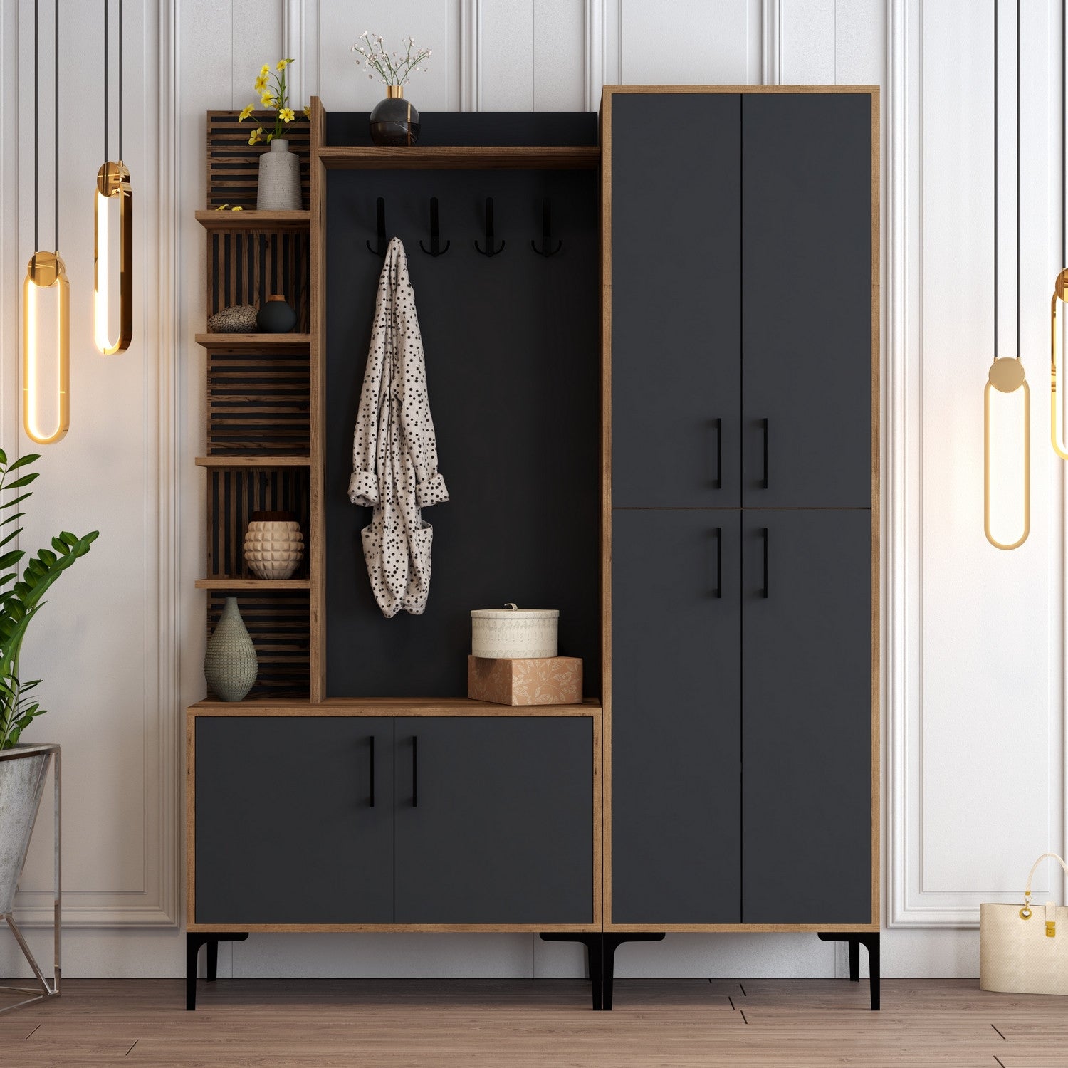 Suporte industrial para salão com pernas e alças de metal, nogueira/antracite, 150 x 200 x 35 cm | 100% revestido em melamina, montável em parede, solução de armazenamento elegante