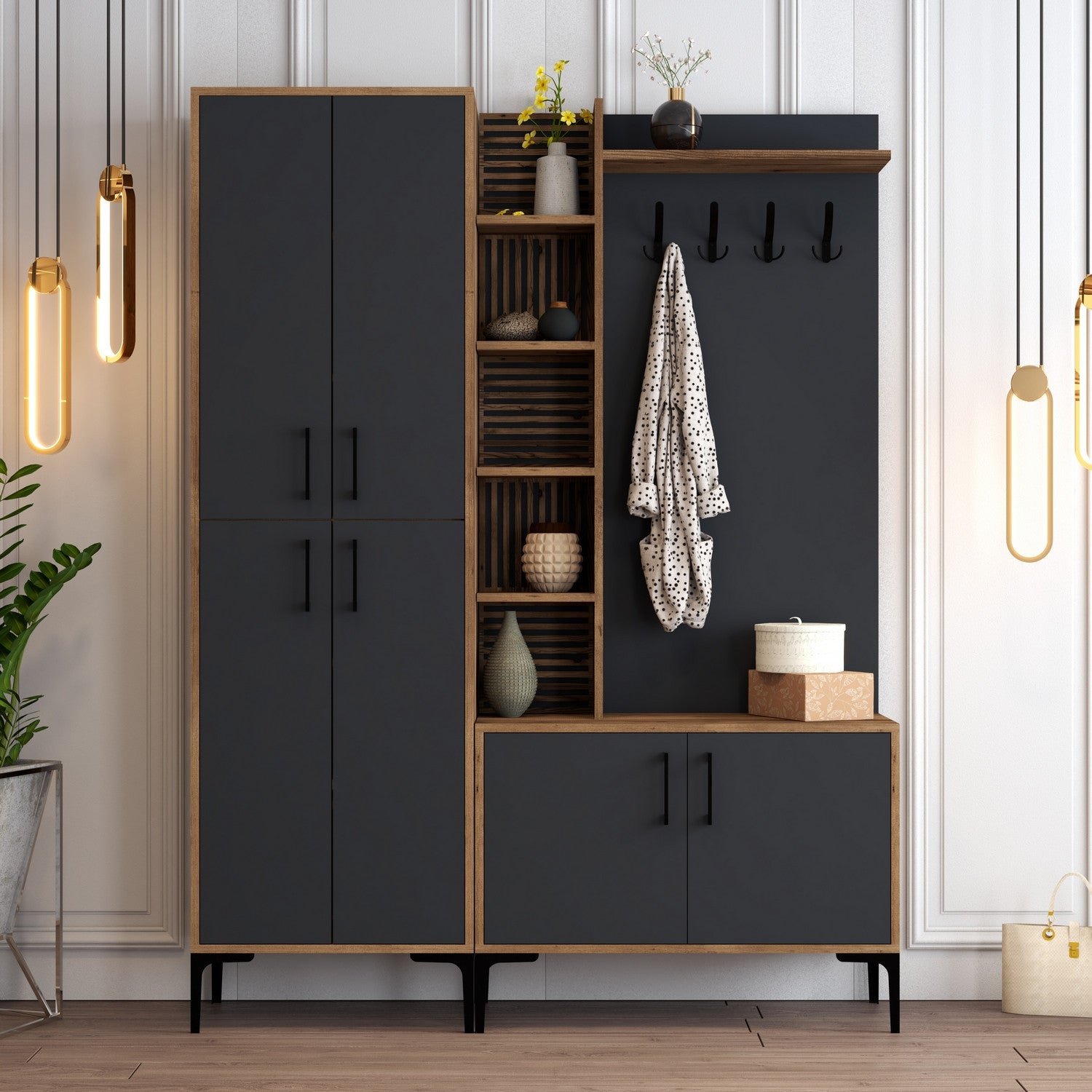 Suporte industrial para salão com pernas e alças de metal, nogueira/antracite, 150 x 200 x 35 cm | 100% revestido em melamina, montável em parede, solução de armazenamento elegante