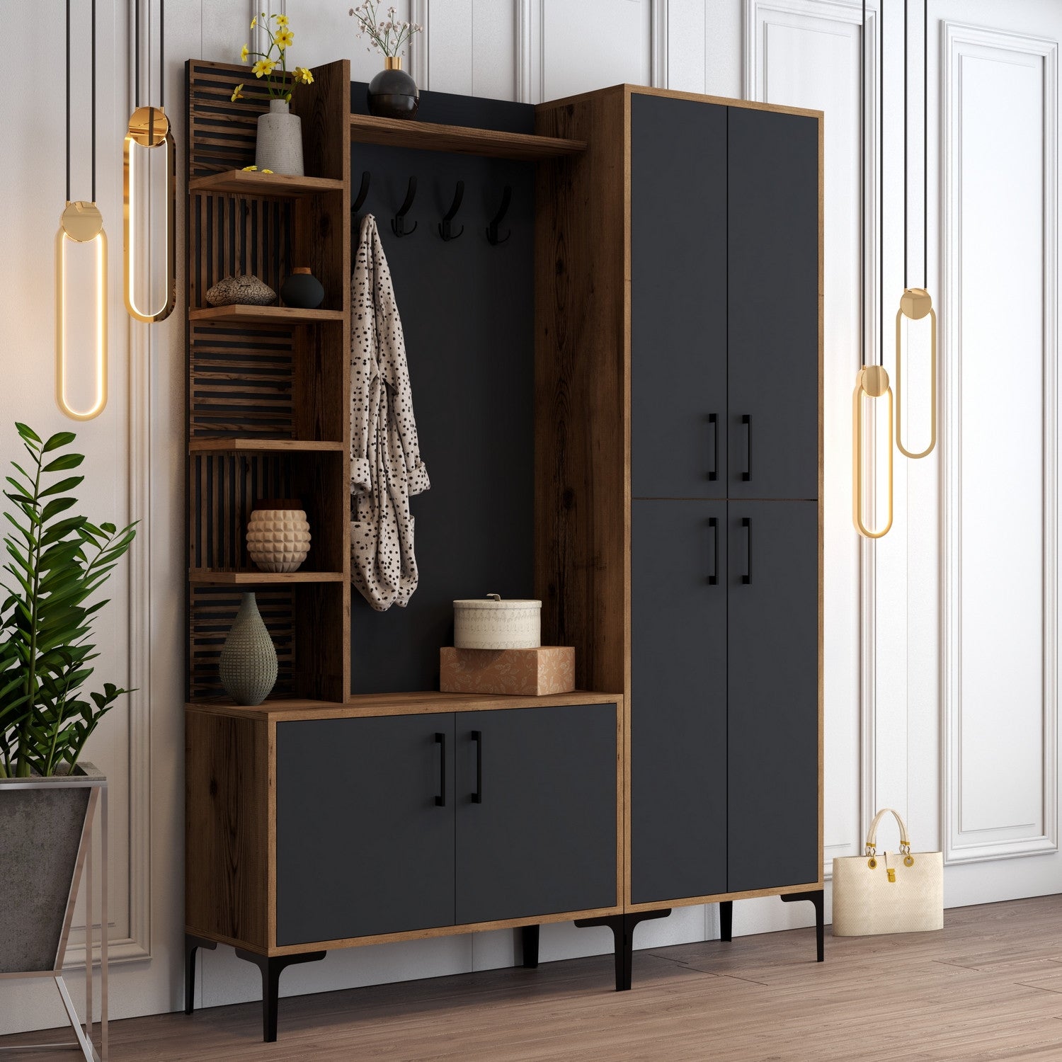 Suporte industrial para salão com pernas e alças de metal, nogueira/antracite, 150 x 200 x 35 cm | 100% revestido em melamina, montável em parede, solução de armazenamento elegante