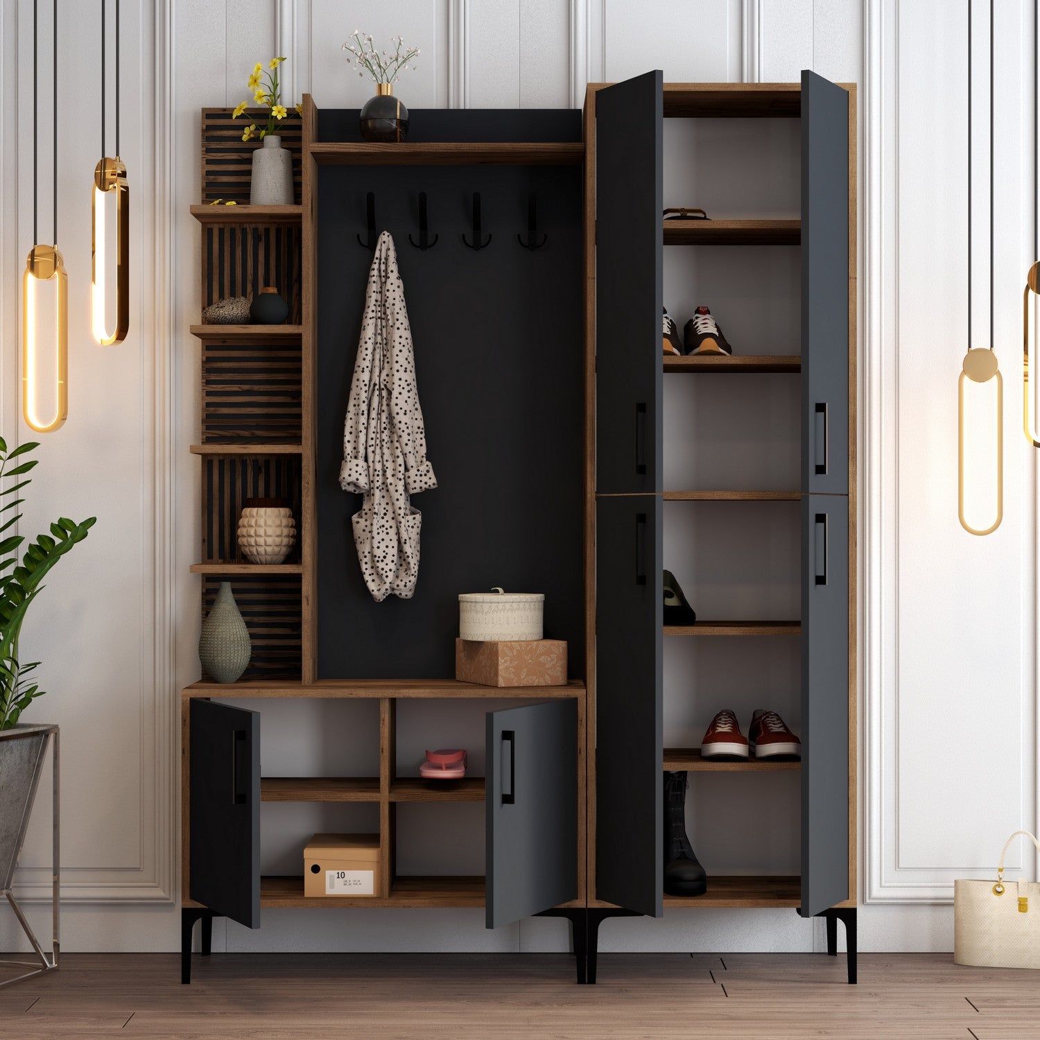Suporte industrial para salão com pernas e alças de metal, nogueira/antracite, 150 x 200 x 35 cm | 100% revestido em melamina, montável em parede, solução de armazenamento elegante