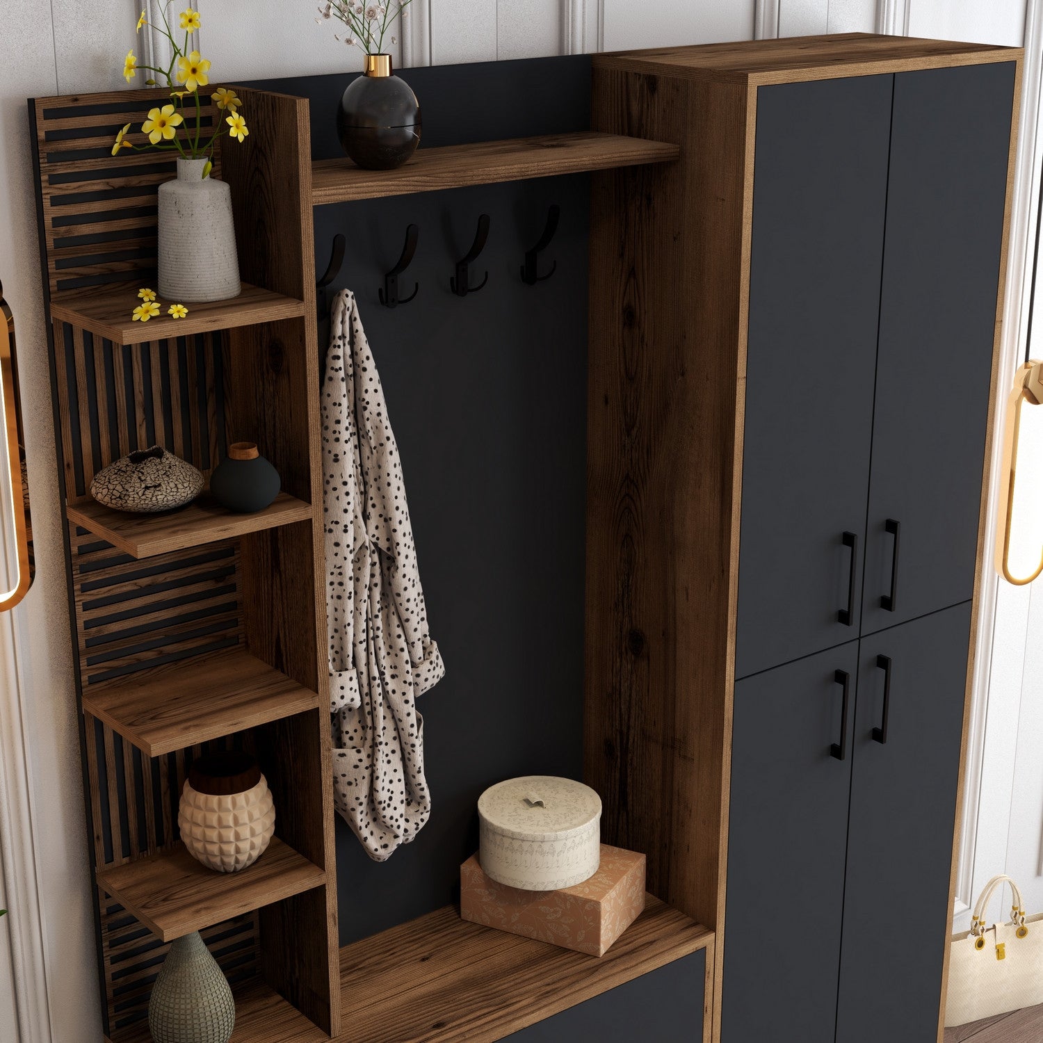Suporte industrial para salão com pernas e alças de metal, nogueira/antracite, 150 x 200 x 35 cm | 100% revestido em melamina, montável em parede, solução de armazenamento elegante