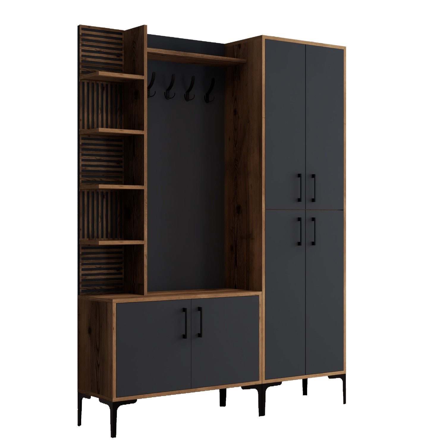 Suporte industrial para salão com pernas e alças de metal, nogueira/antracite, 150 x 200 x 35 cm | 100% revestido em melamina, montável em parede, solução de armazenamento elegante