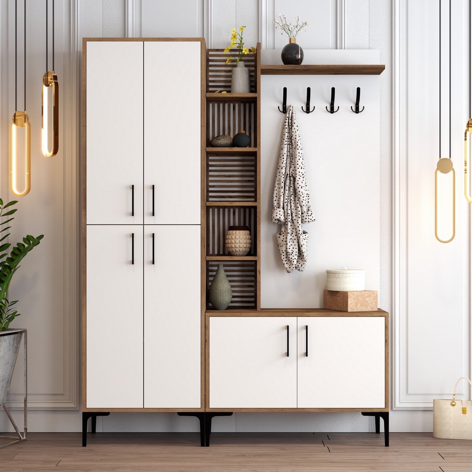 Suporte industrial para salão com pernas e alças de metal, nogueira e branco, 150 x 200 x 35 cm | 100% revestido em melamina, montável na parede, solução de armazenamento elegante