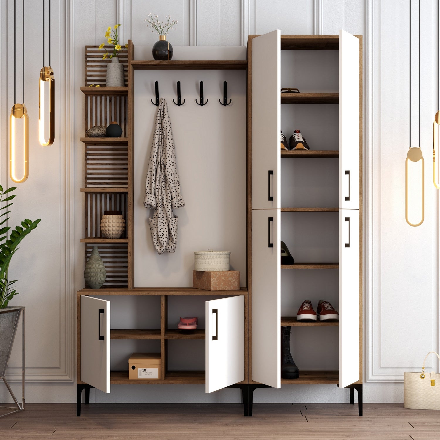 Suporte industrial para salão com pernas e alças de metal, nogueira e branco, 150 x 200 x 35 cm | 100% revestido em melamina, montável na parede, solução de armazenamento elegante