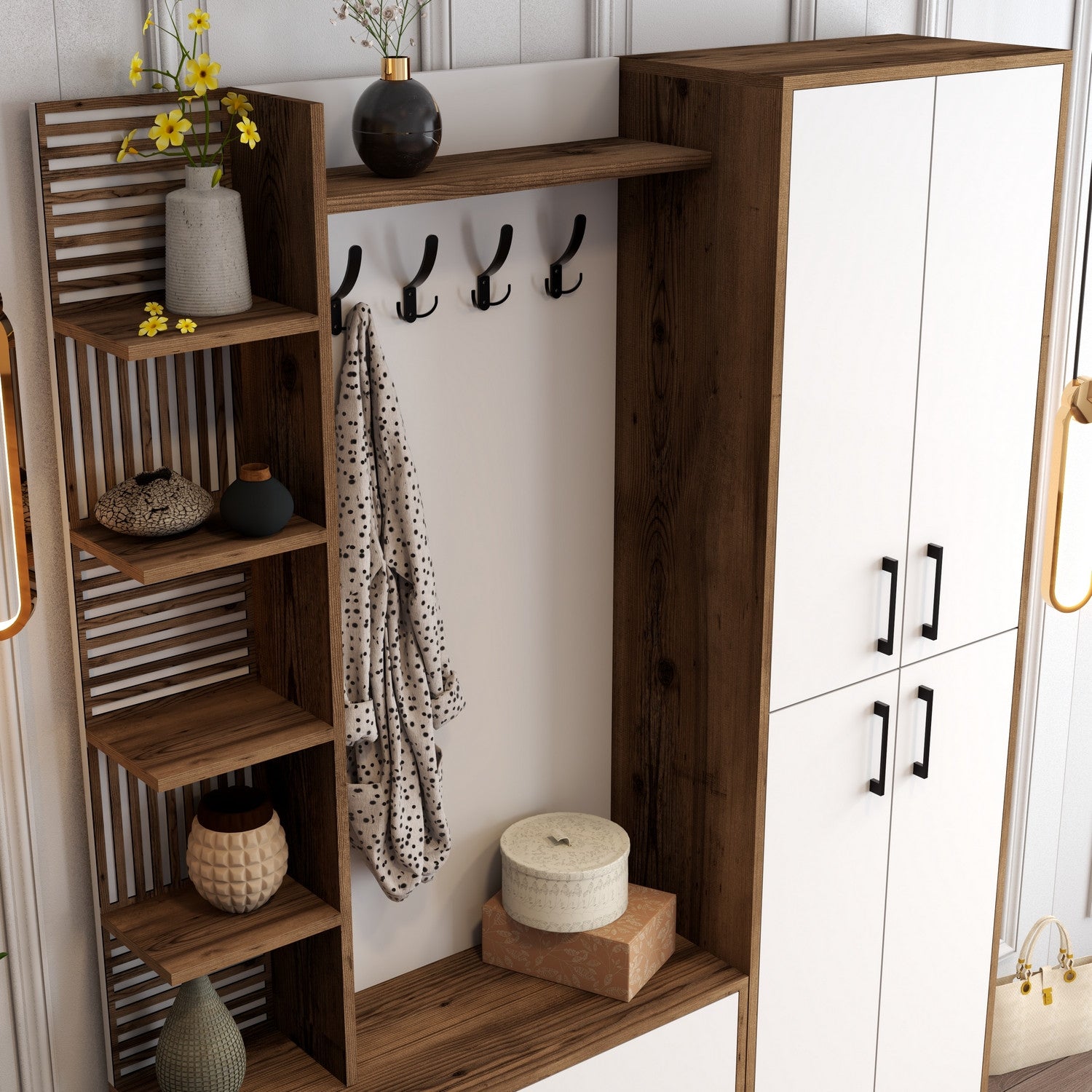 Suporte industrial para salão com pernas e alças de metal, nogueira e branco, 150 x 200 x 35 cm | 100% revestido em melamina, montável na parede, solução de armazenamento elegante