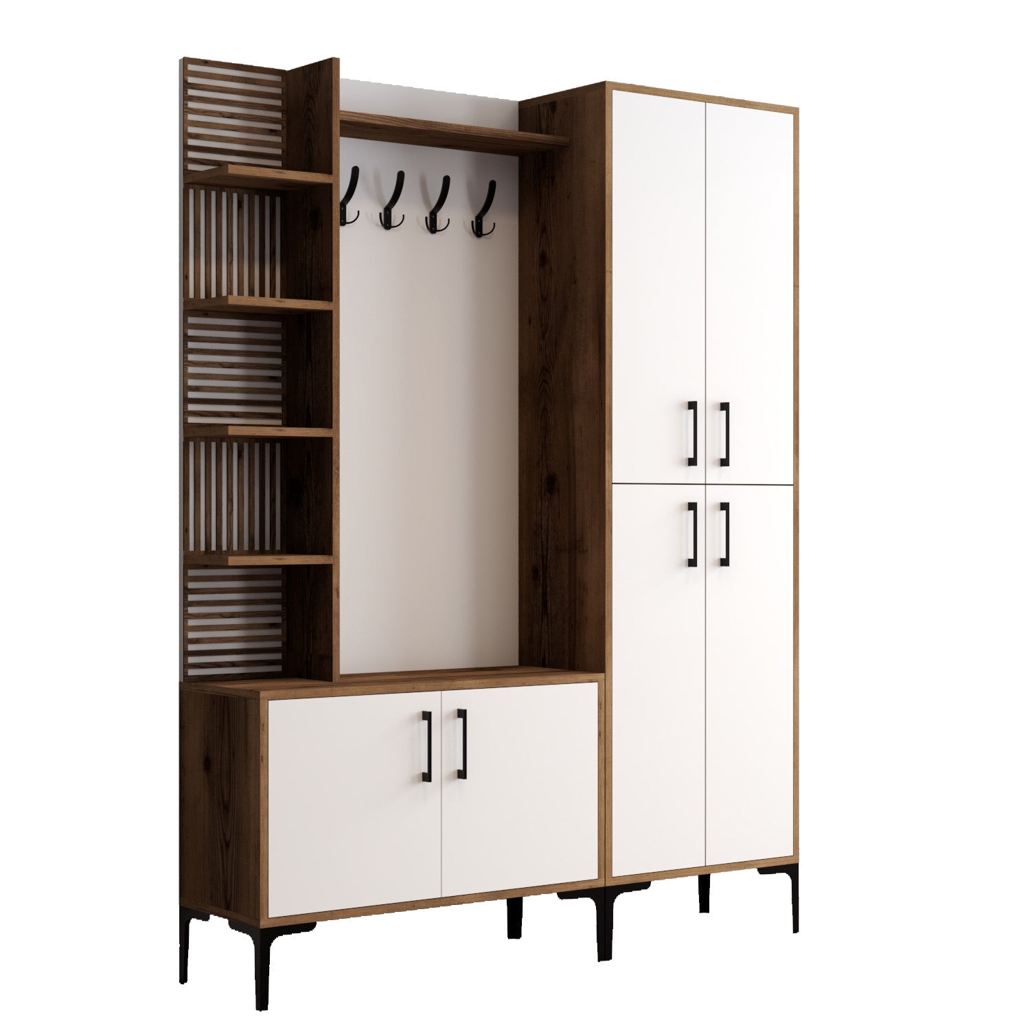 Suporte industrial para salão com pernas e alças de metal, nogueira e branco, 150 x 200 x 35 cm | 100% revestido em melamina, montável na parede, solução de armazenamento elegante