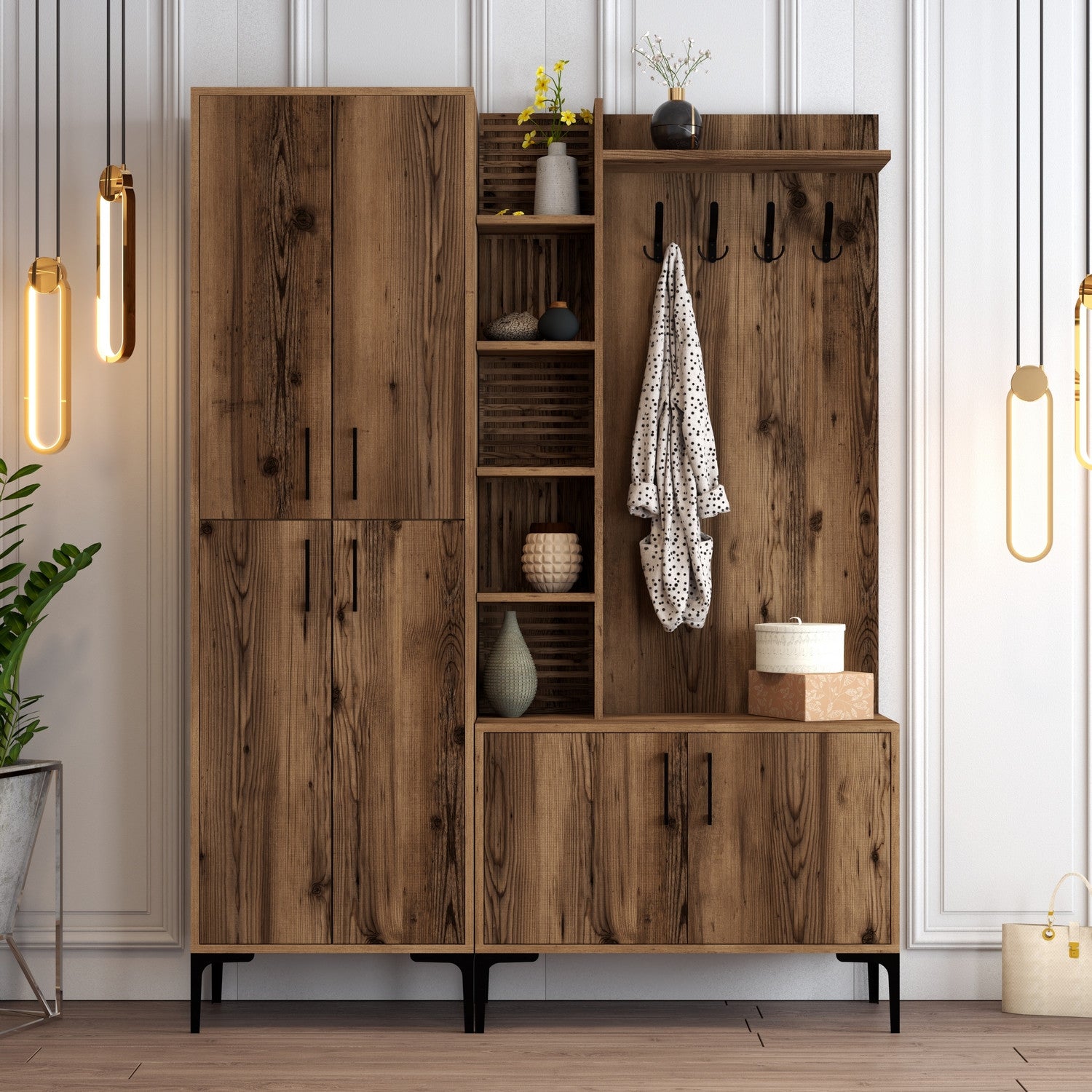 Suporte industrial para hall, cor nogueira, 150 x 35 x 200 cm | 100% revestido em melamina, pernas e puxadores de metal, montável em parede, solução de armazenamento elegante e funcional