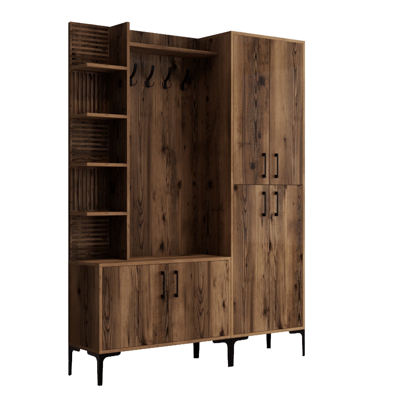 Suporte industrial para hall, cor nogueira, 150 x 35 x 200 cm | 100% revestido em melamina, pernas e puxadores de metal, montável em parede, solução de armazenamento elegante e funcional
