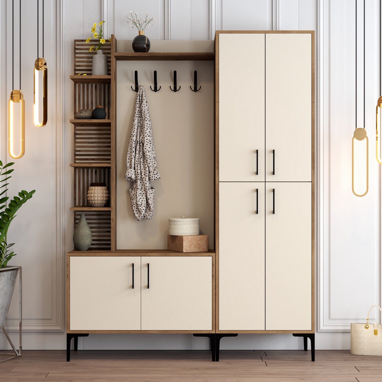 Suporte industrial para salão com pernas e alças de metal, nogueira e creme, 150 x 200 x 35 cm | 100% revestido em melamina, para montagem na parede, solução de armazenamento elegante