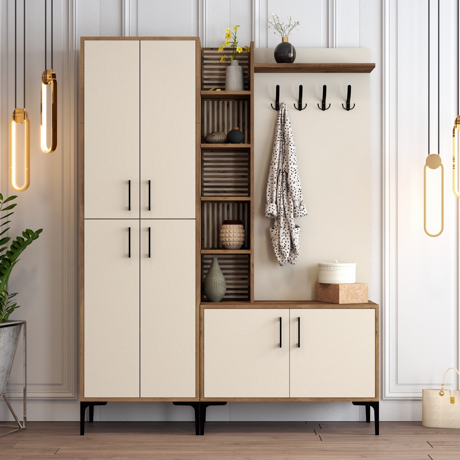 Suporte industrial para salão com pernas e alças de metal, nogueira e creme, 150 x 200 x 35 cm | 100% revestido em melamina, para montagem na parede, solução de armazenamento elegante
