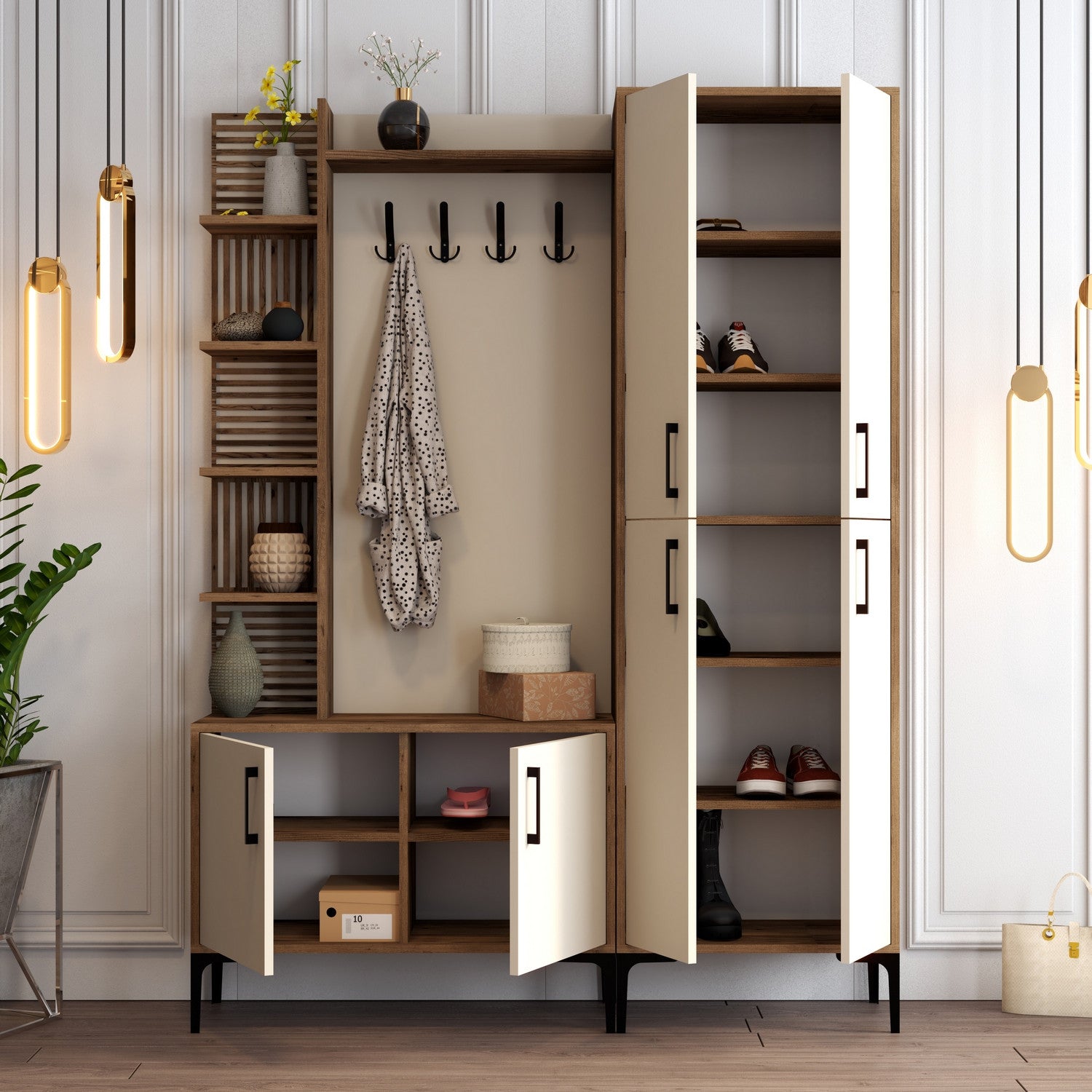 Suporte industrial para salão com pernas e alças de metal, nogueira e creme, 150 x 200 x 35 cm | 100% revestido em melamina, para montagem na parede, solução de armazenamento elegante