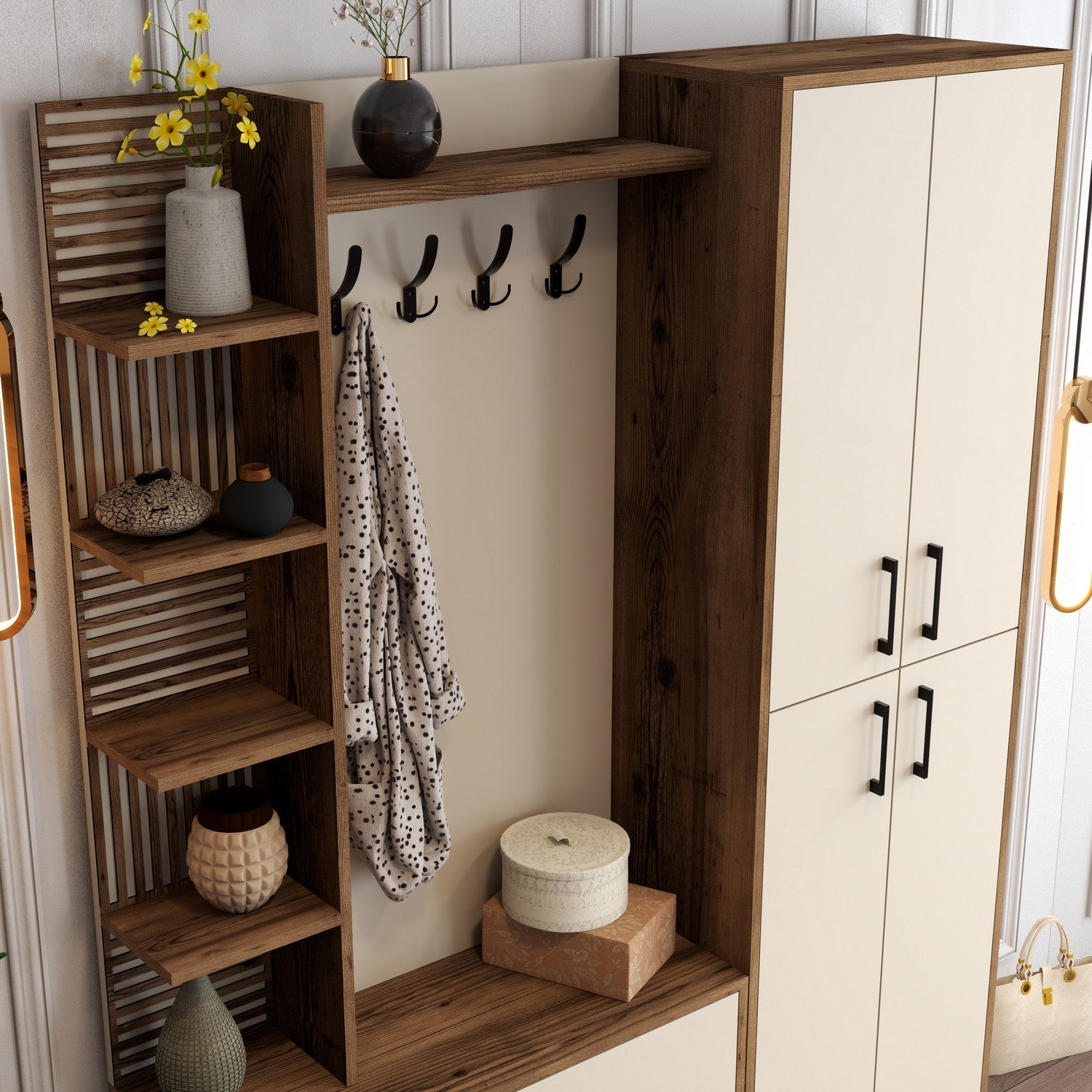 Suporte industrial para salão com pernas e alças de metal, nogueira e creme, 150 x 200 x 35 cm | 100% revestido em melamina, para montagem na parede, solução de armazenamento elegante