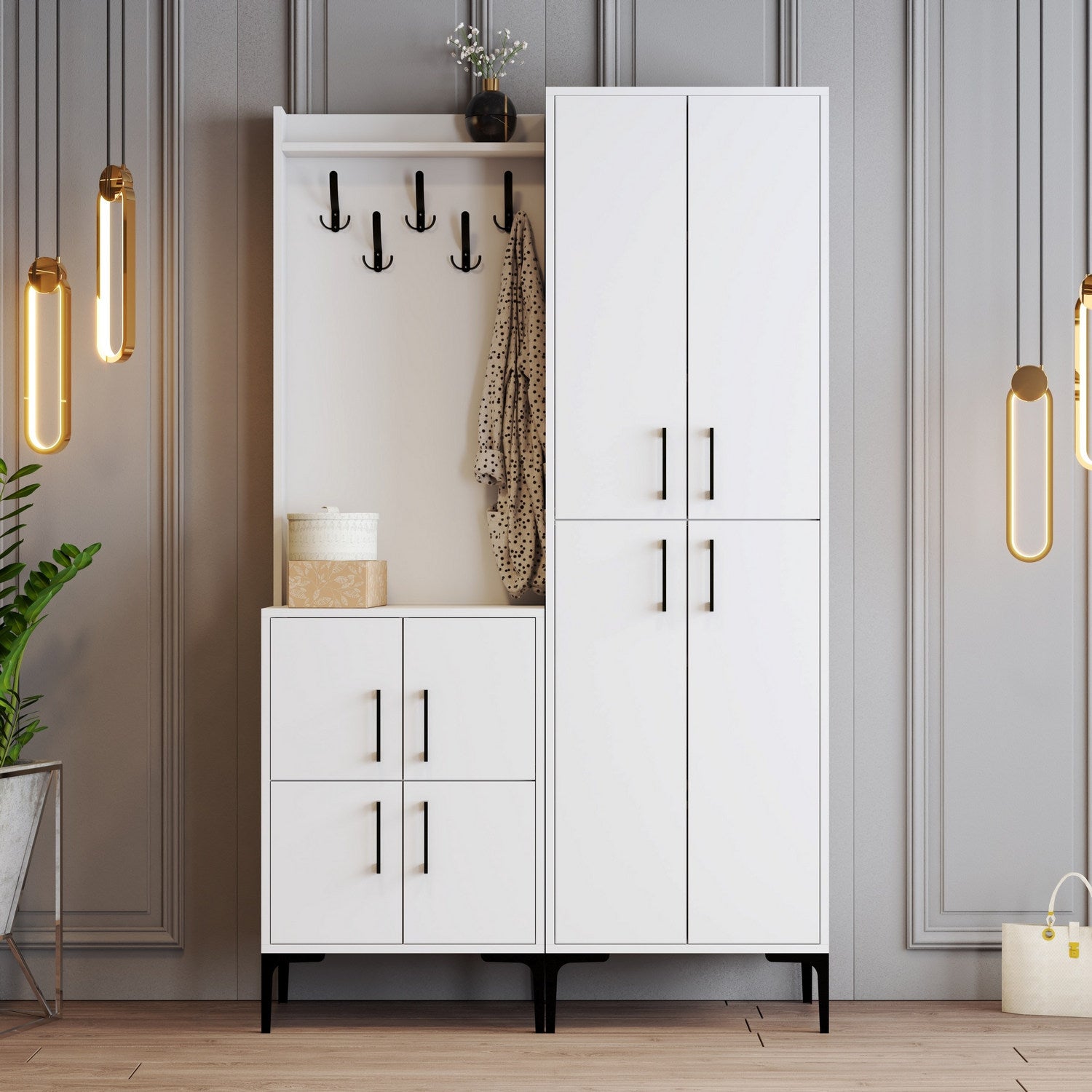 Elegante suporte de hall com pernas de metal e alça de plástico, branco, 120 x 200 x 35 cm | 100% revestido em melamina, para montagem na parede, com várias prateleiras e cabide