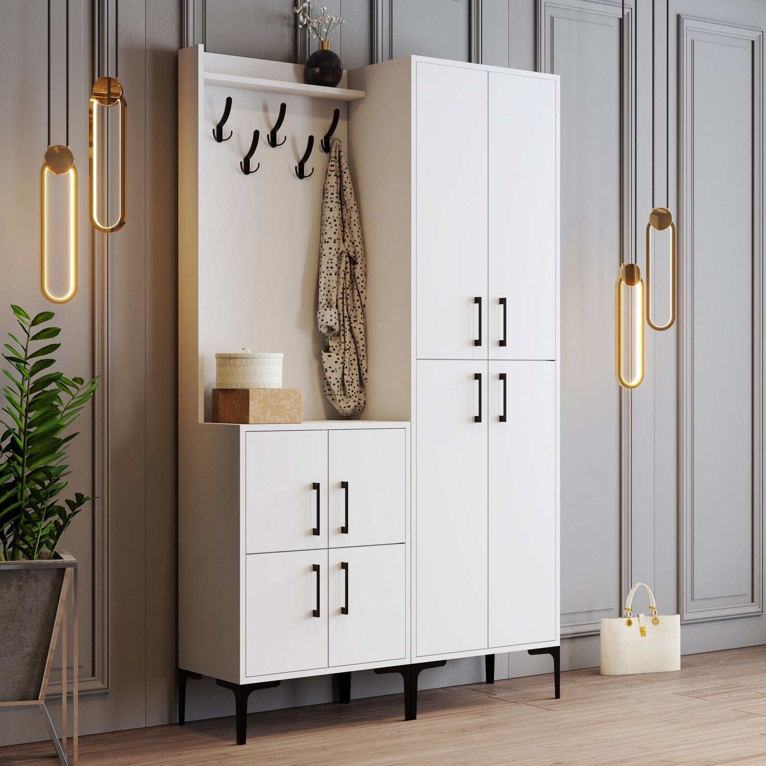 Elegante suporte de hall com pernas de metal e alça de plástico, branco, 120 x 200 x 35 cm | 100% revestido em melamina, para montagem na parede, com várias prateleiras e cabide
