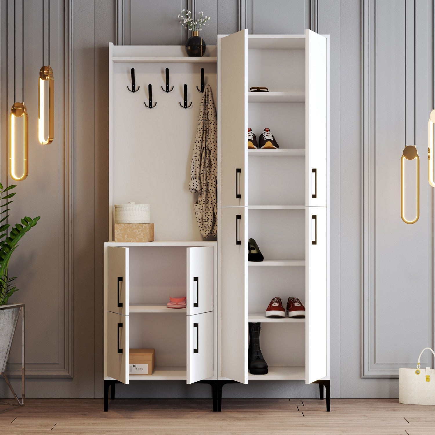 Elegante suporte de hall com pernas de metal e alça de plástico, branco, 120 x 200 x 35 cm | 100% revestido em melamina, para montagem na parede, com várias prateleiras e cabide