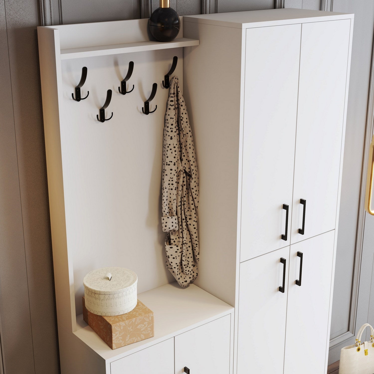 Elegante suporte de hall com pernas de metal e alça de plástico, branco, 120 x 200 x 35 cm | 100% revestido em melamina, para montagem na parede, com várias prateleiras e cabide