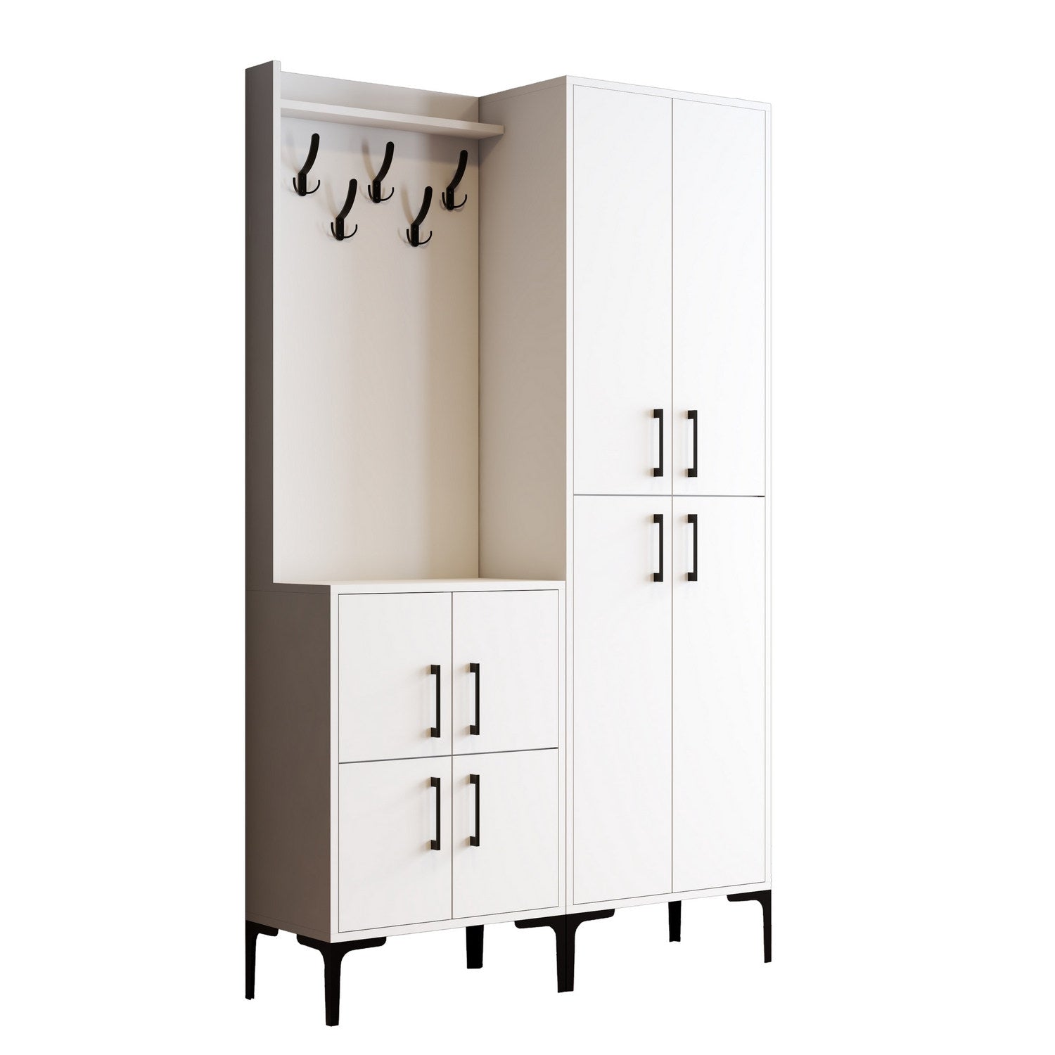 Elegante suporte de hall com pernas de metal e alça de plástico, branco, 120 x 200 x 35 cm | 100% revestido em melamina, para montagem na parede, com várias prateleiras e cabide