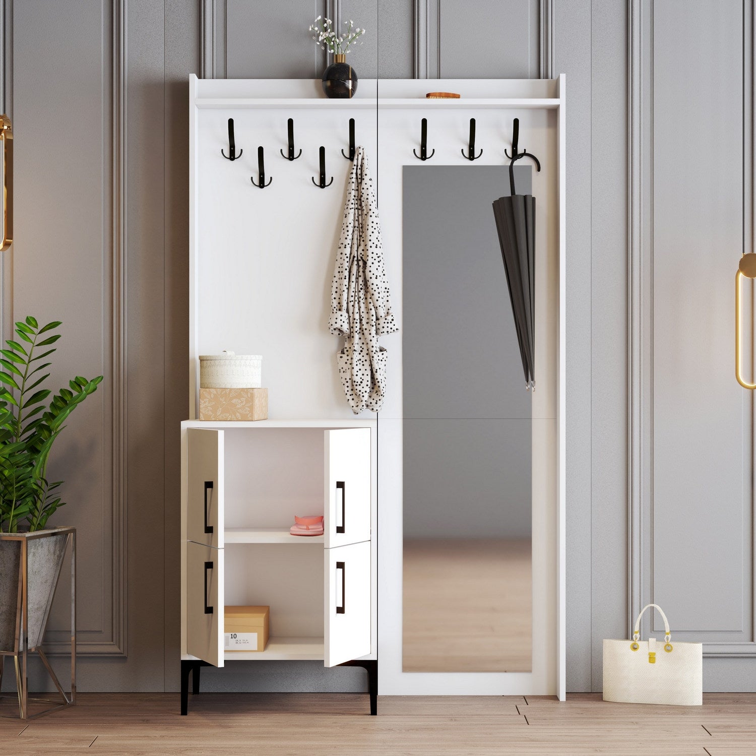 Suporte de hall elegante com pernas de metal e cabide, branco, 120 x 200 x 35 cm | 100% revestido em melamina, 18 mm de espessura | Montado na parede, várias prateleiras para uma entrada organizada